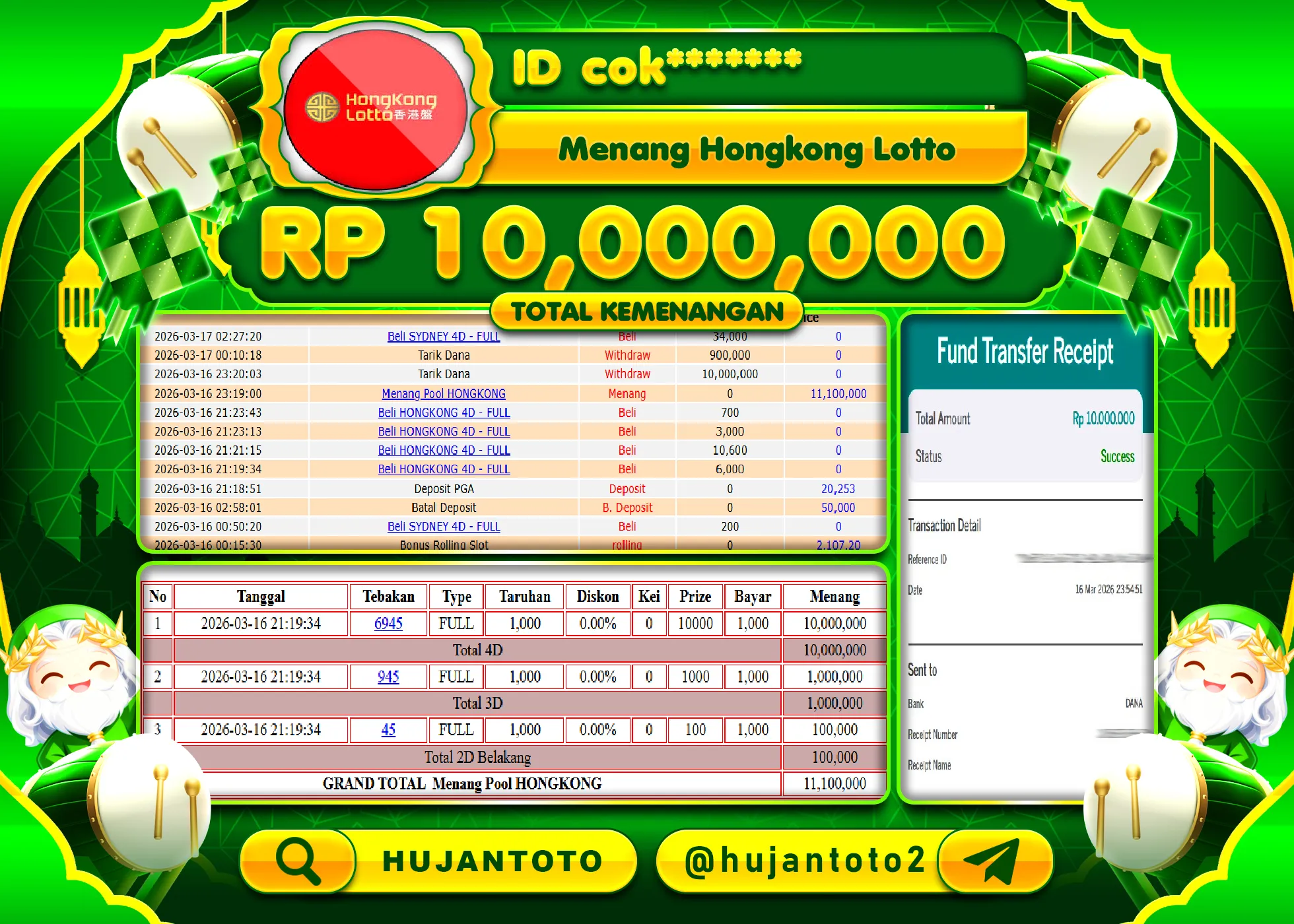 HUJANTOTO - BUKTI JACKPOT MENANG TOGEL HONGKONG LOTTO Rp.10,000,000 - TERBAYAR LUNAS