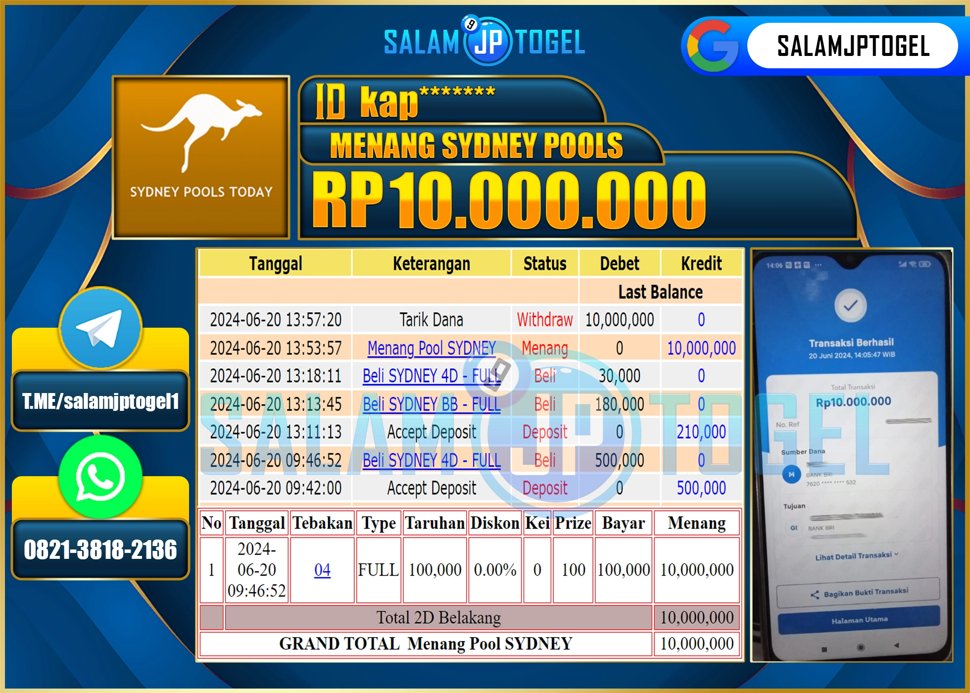 SALAMJPTOGEL MENANG SYDNEY POOLS  RP. 10,000,000.,LUNAS
