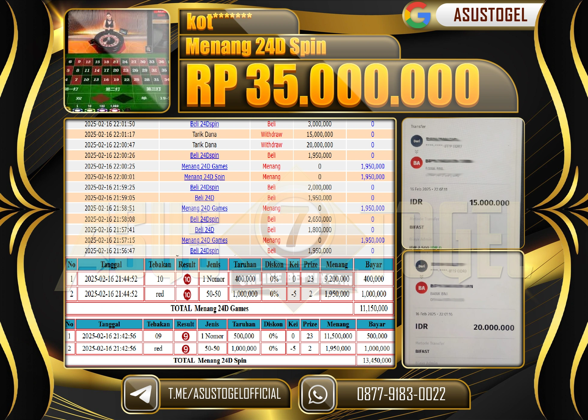 ASUSTOGEL KEMENANGAN DI LIVE GAMES 24D SPIN SEBESAR 35.000.000 - RUPIAH LUNAS