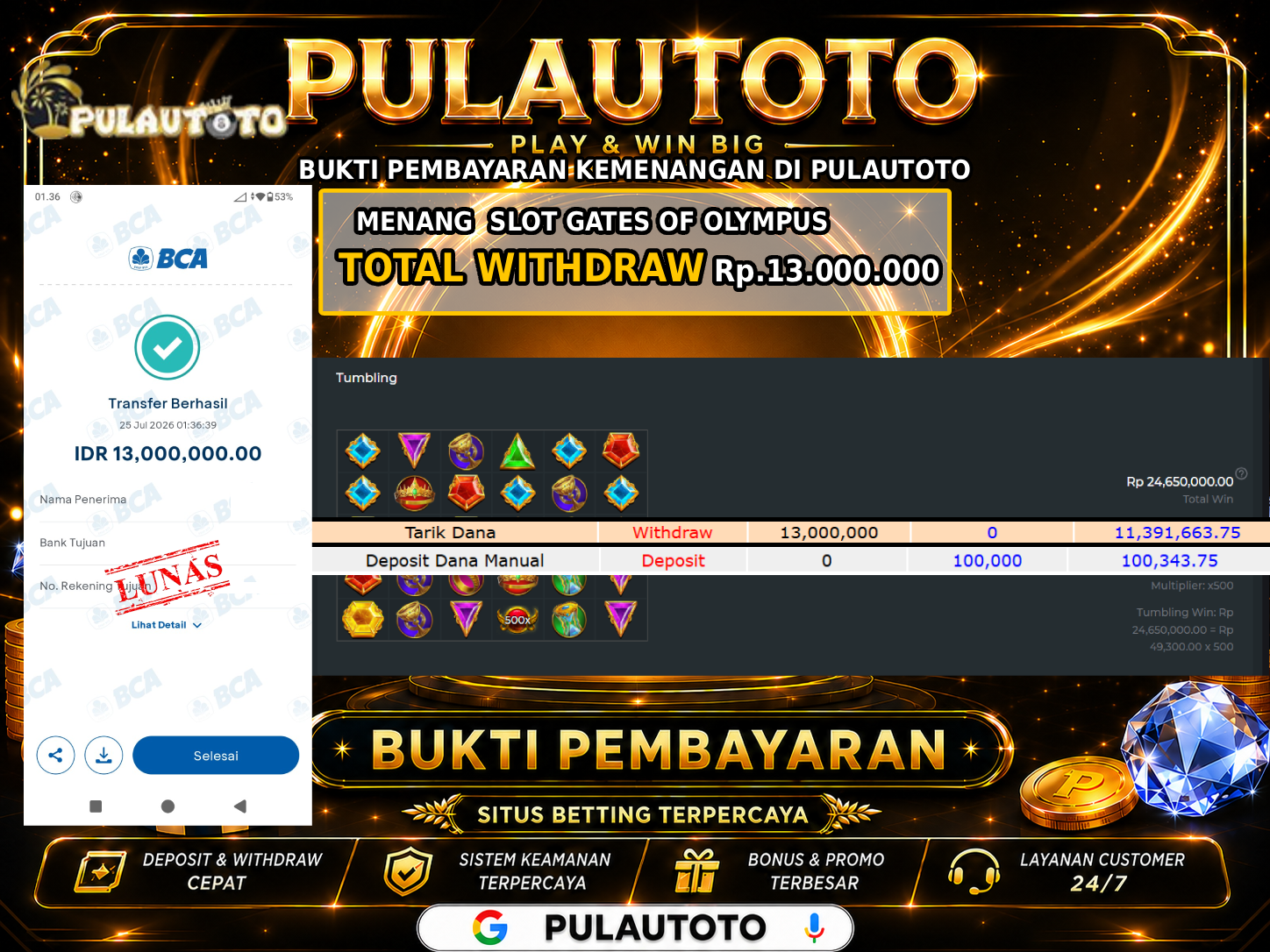 🏆 BUKTI KEMENANGAN MEMBER PULAUTOTO GATES OF OLMYPUS🏆