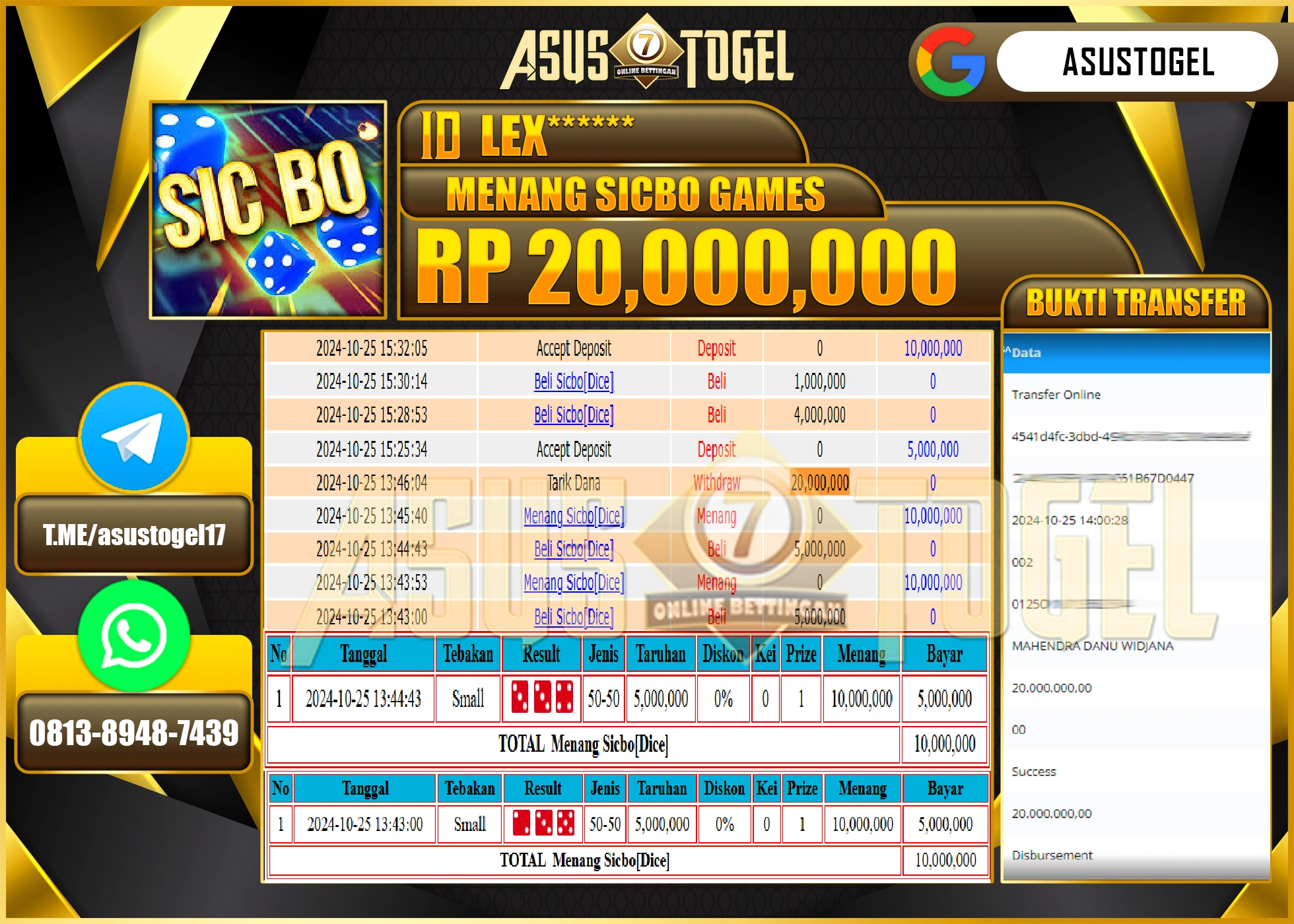ASUSTOGEL KEMENANGAN DI GAMES SICBO DICE SEBESAR 20,000,000- RUPIAH LUNAS