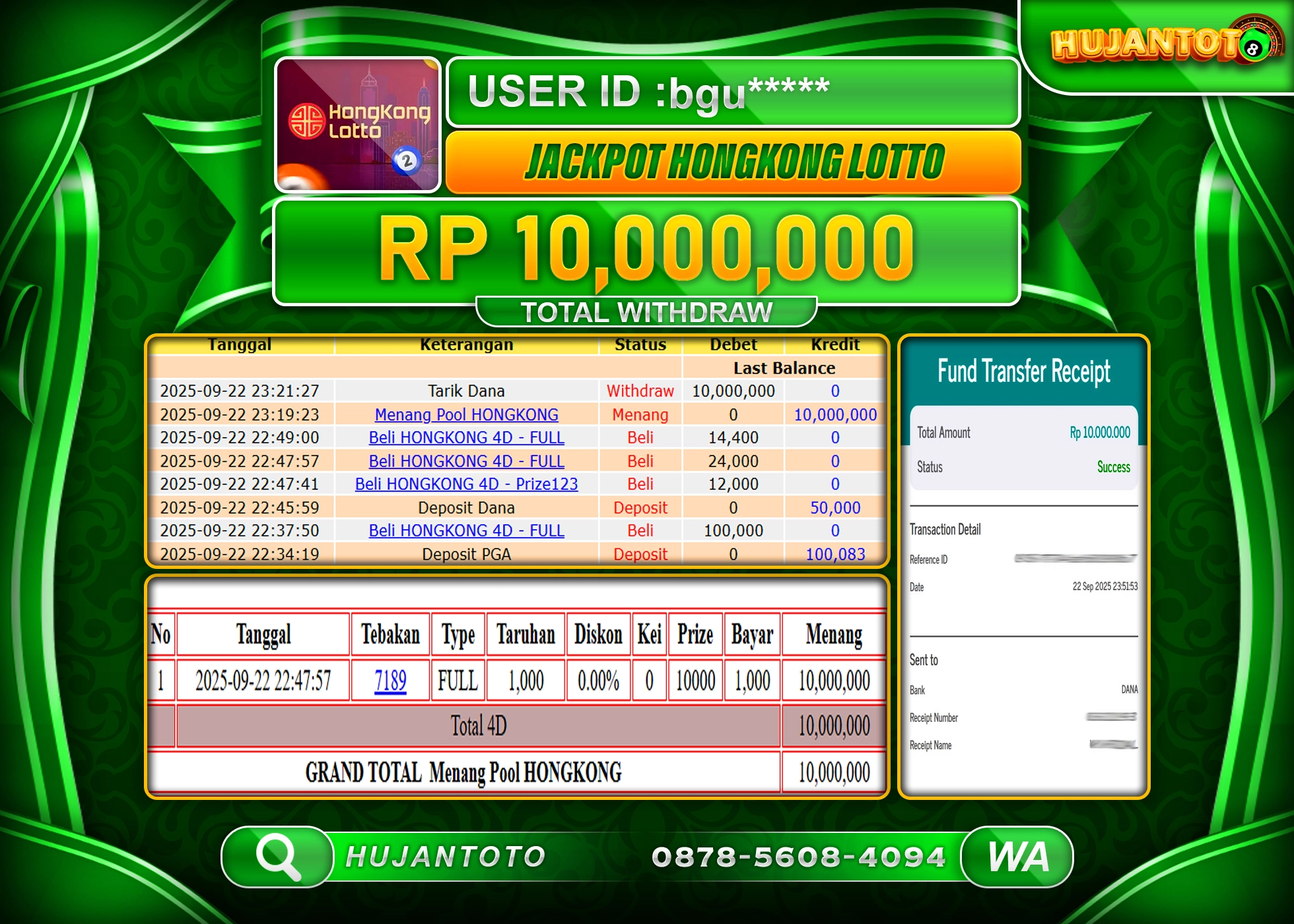 HUJANTOTO - BUKTI JACKPOT MENANG TOGEL HONGKONG LOTTO Rp.10,000,000 - TERBAYAR LUNAS