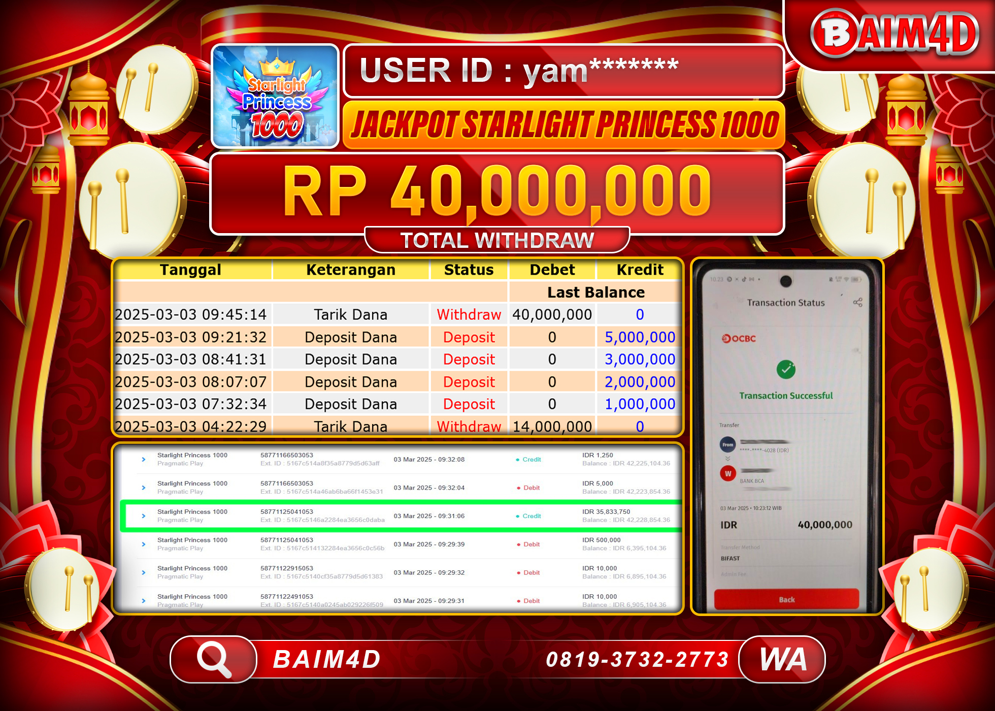 BAIM4D MENANG JACKPOT STARLIGHT PRINCES 1000 Rp.40.000,000.