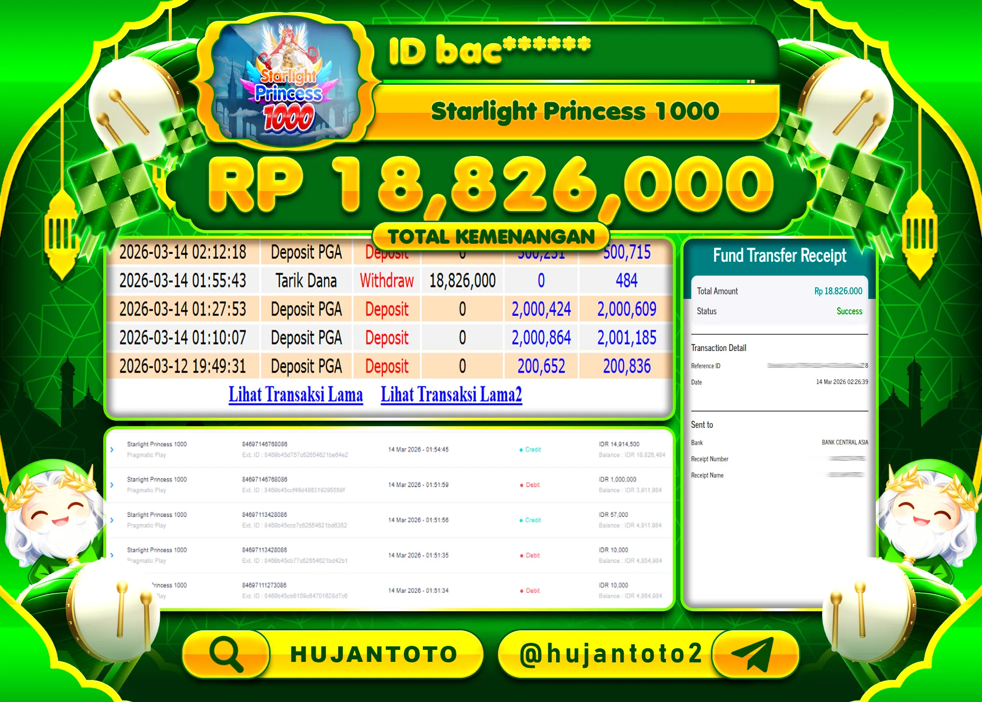 HUJANTOTO - BUKTI JACKPOT MENANG SLOT STARLIGHT PRINCESS 1000 Rp.18,826,000 - TERBAYAR LUNAS