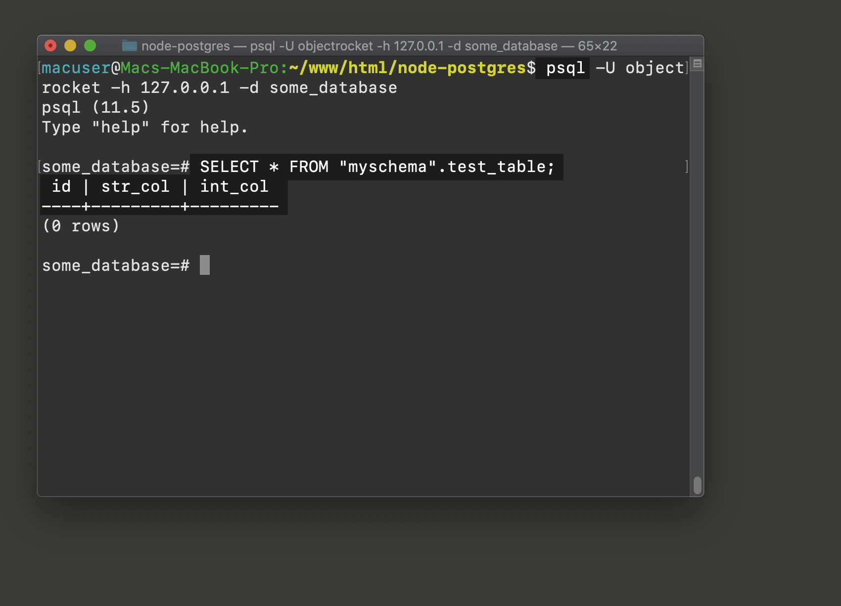Screenshot of psql returning the PostgreSQL schema table created in Node