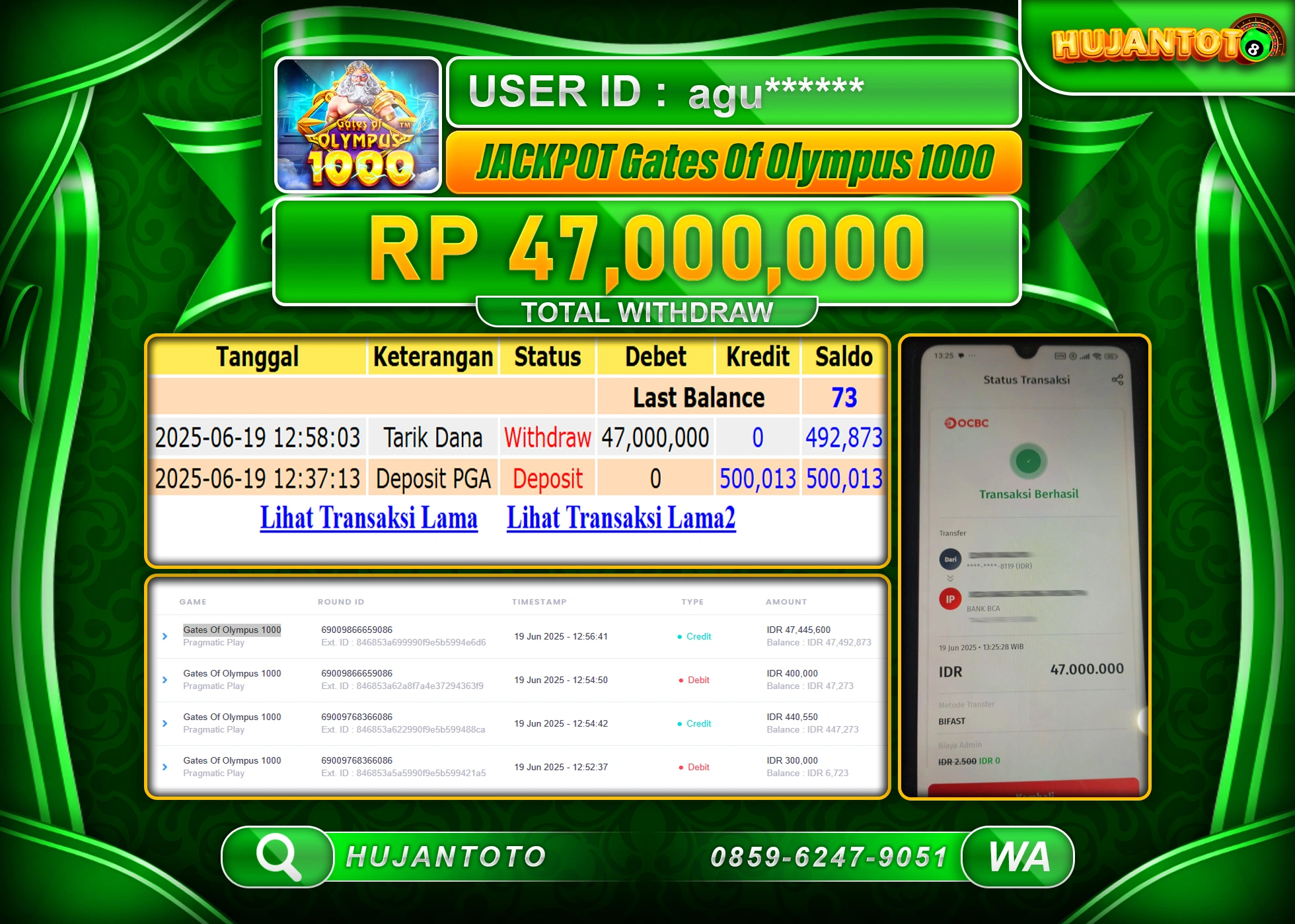 HUJANTOTO - BUKTI JACKPOT MENANG SLOT GATES OF OLYMPUS 1000 Rp.47,000,000 - TERBAYAR LUNAS