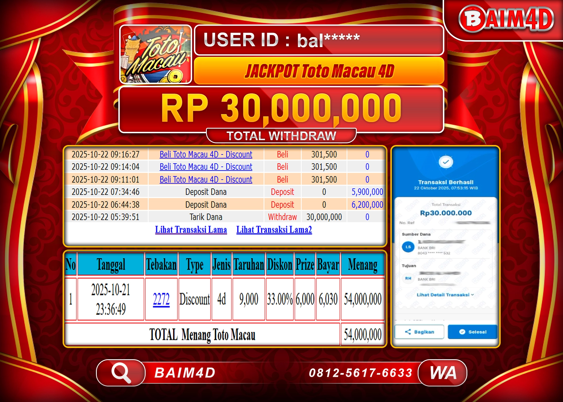 BAIM4D JACKPOT TOGEL TOTO MACAU 4D GAMES Rp.30,000,000.- LUNAS