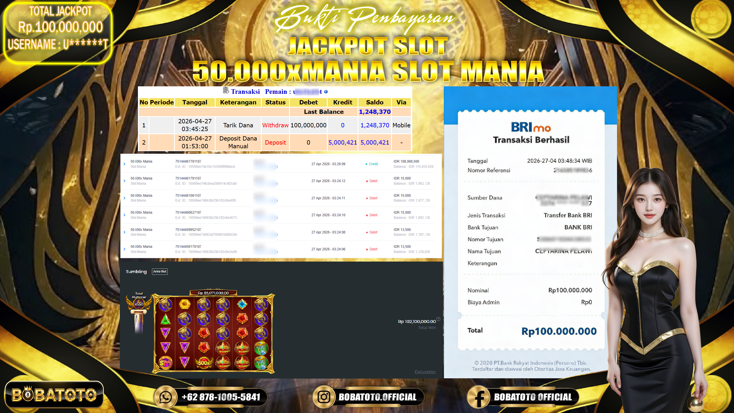 BOBATOTO JACKPOT 50.000X MANIA SLOT MANIA Rp.100,000,000,- LUNAS!!!