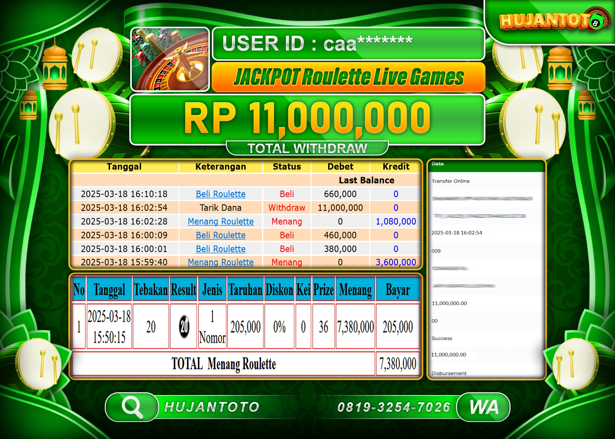 HUJANTOTO - BUKTI JACKPOT MENANG SLOT ROULETTE LIVE GAMES  Rp,11,000,000 - TERBAYAR LUNAS 