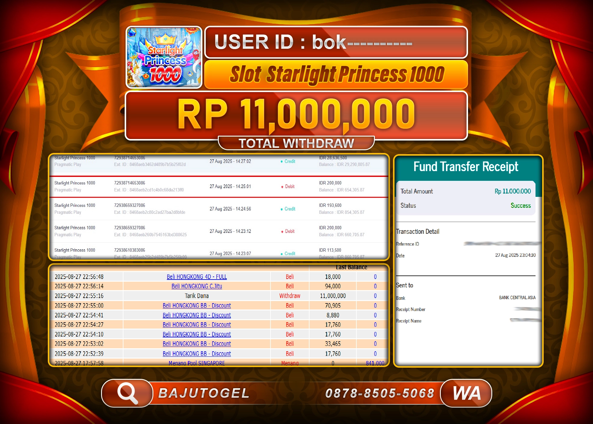 BAJUTOGEL KEMENANGAN STARLIGHT PRINCESS 1000 Rp.11.000.000 LUNAS