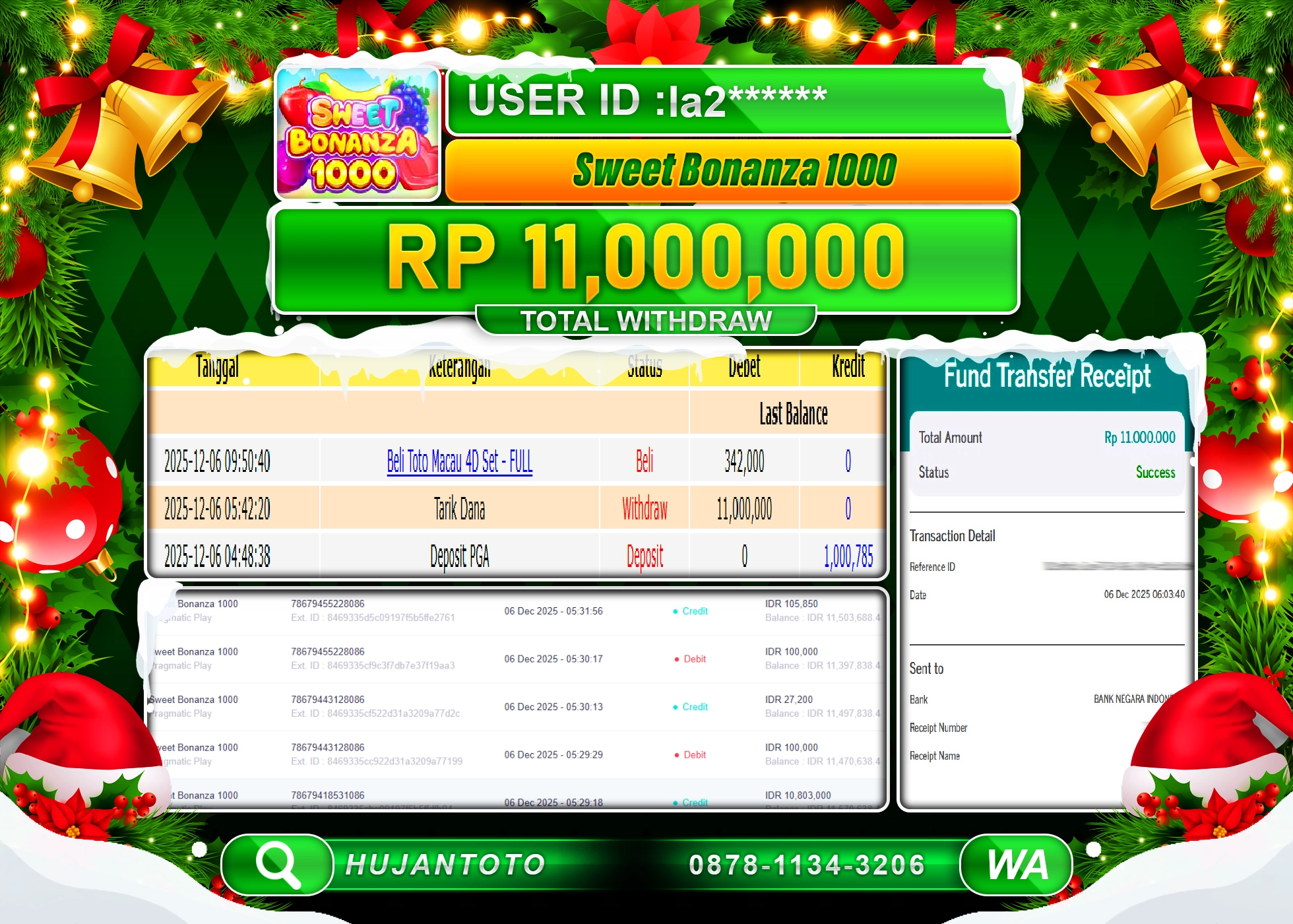 HUJANTOTO - BUKTI JACKPOT MENANG SLOT SWEET BONANZA 1000 Rp.11,000,000 - TERBAYAR LUNAS