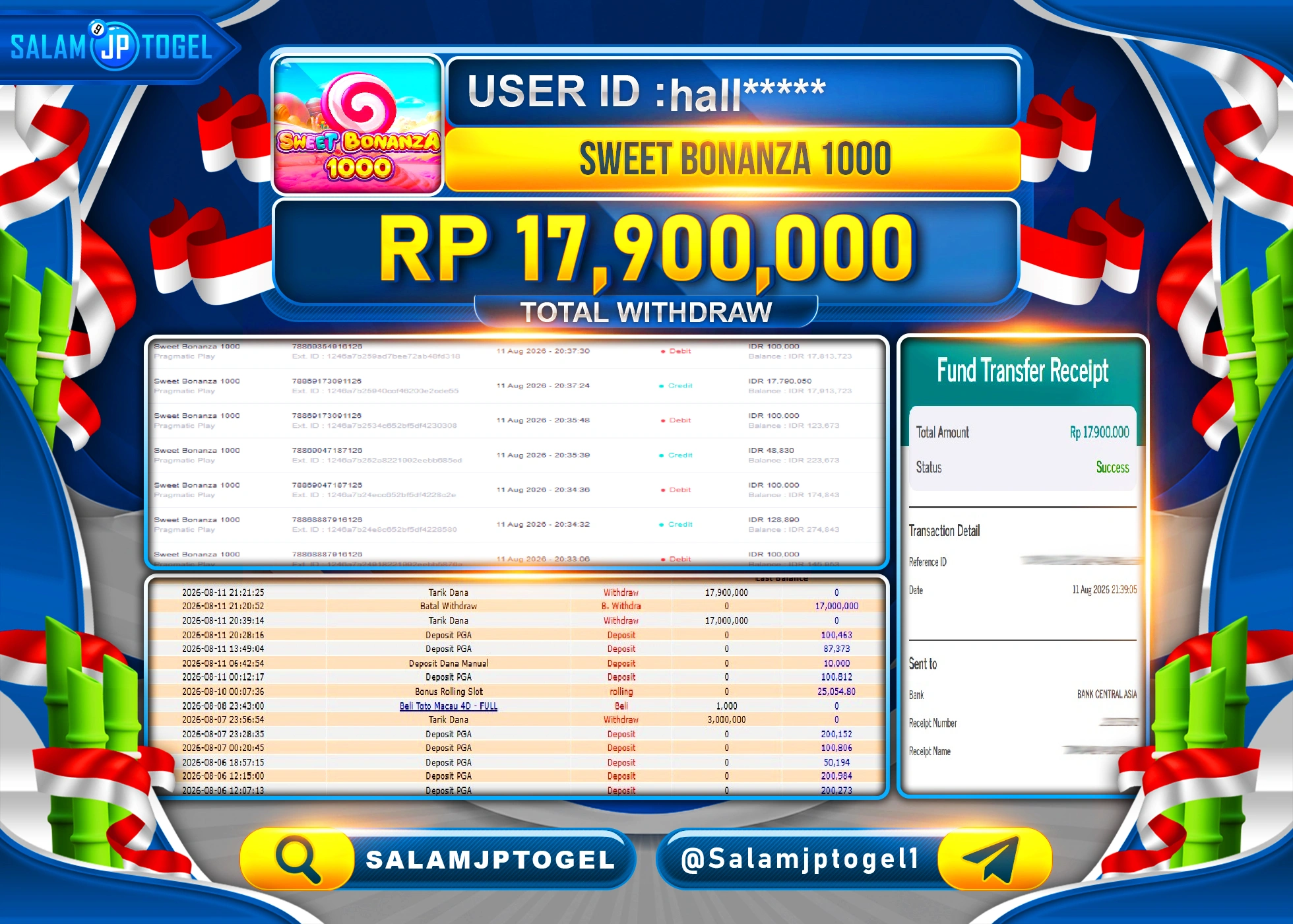 SALAMJPTOGEL JACKPOT MENANG SLOT SWEET BONANZA 1000 Rp.17,900,000 - LUNAS