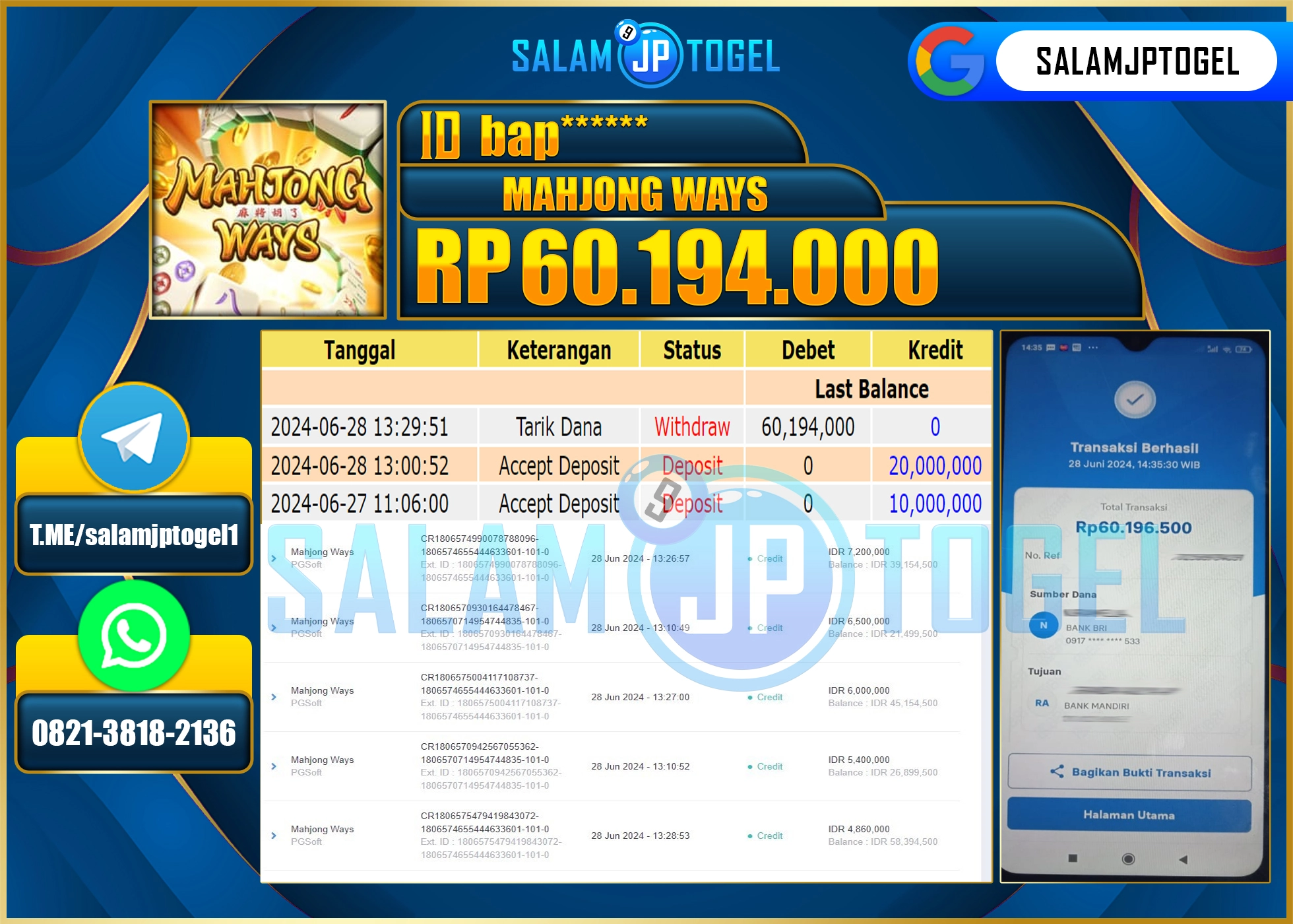 SALAMJPTOGEL MENANG MAHJONG WAYS RP. 60,194,000.,LUNAS