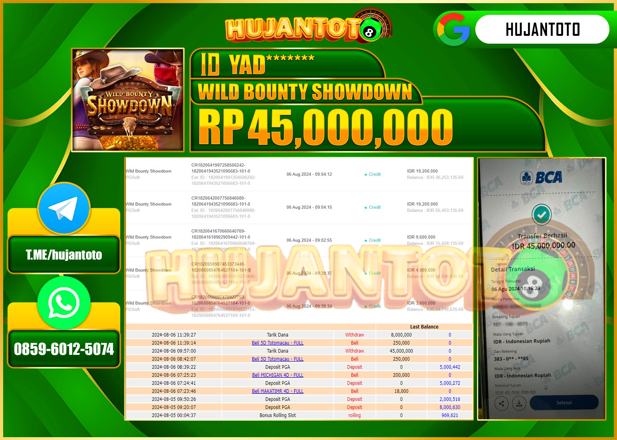 HUJANTOTO MENANG BESAR DI PERMAINAN SLOT WILD BOUNTY SHOWDOWN 45.000.000 - LUNAS 
