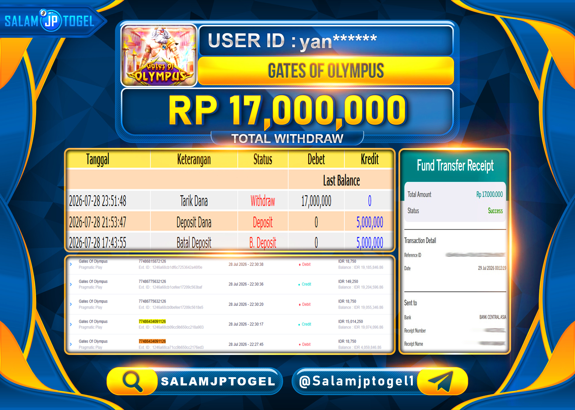 SALAMJPTOGEL JACKPOT MENANG GATES OF OLYMPUS  (PragmaticPlay) Rp.17,000,000 - LUNAS