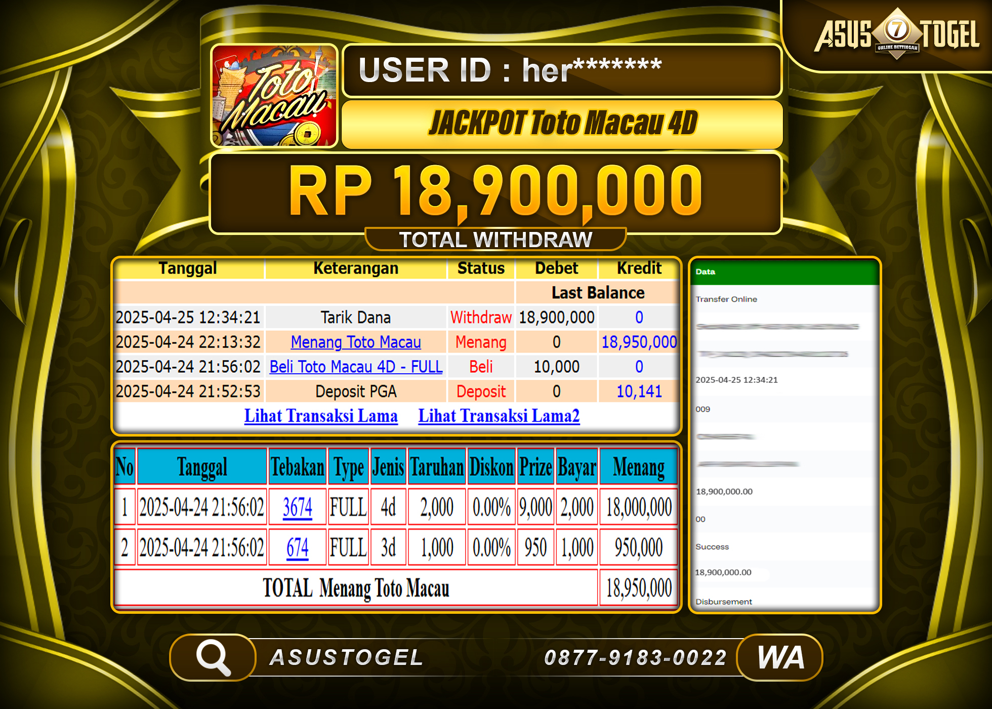  ASUSTOGEL KEMENANGAN DI TOGEL TOTO MACAU 4D SEBESAR 18,900,000- RUPIAH LUNAS