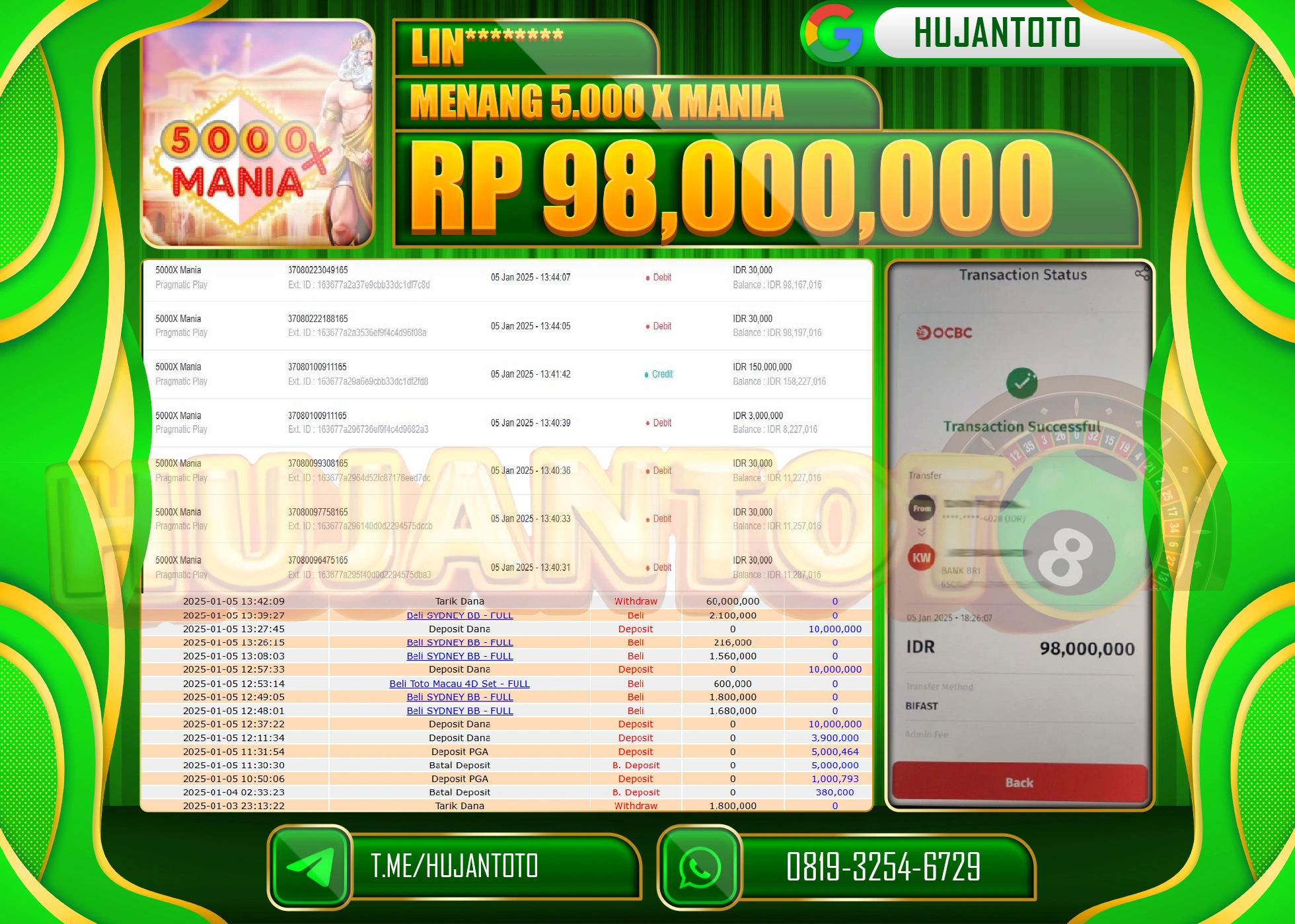 HUJANTOTO - BUKTI JACKPOT DI PERMAINAN SLOT 5.000 X MANIA Rp.98,000,000,- TERBAYAR LUNAS