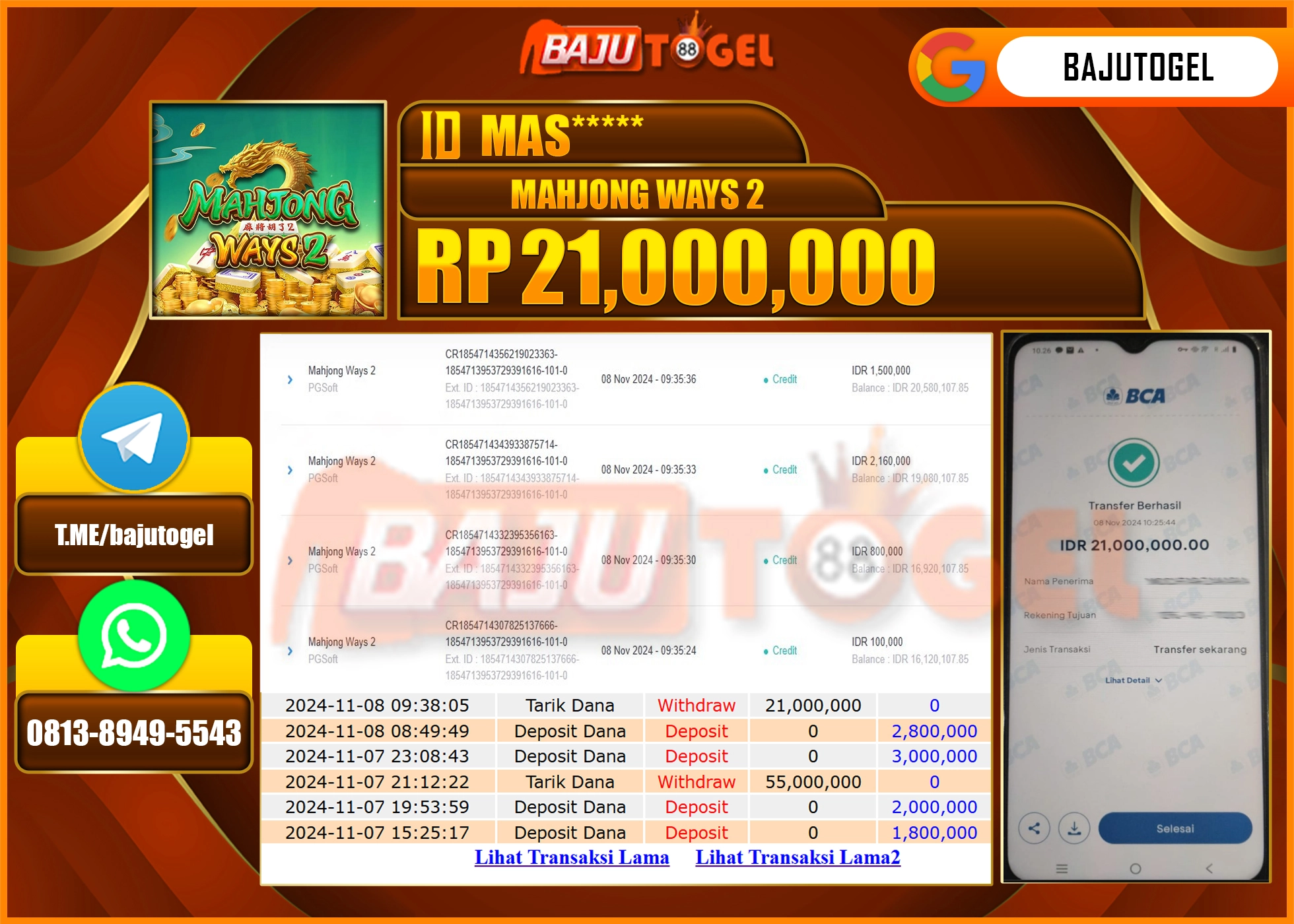 BAJUTOGEL JACKPOT MAHJONG WINS 2 Rp 21,000,000 LUNAS