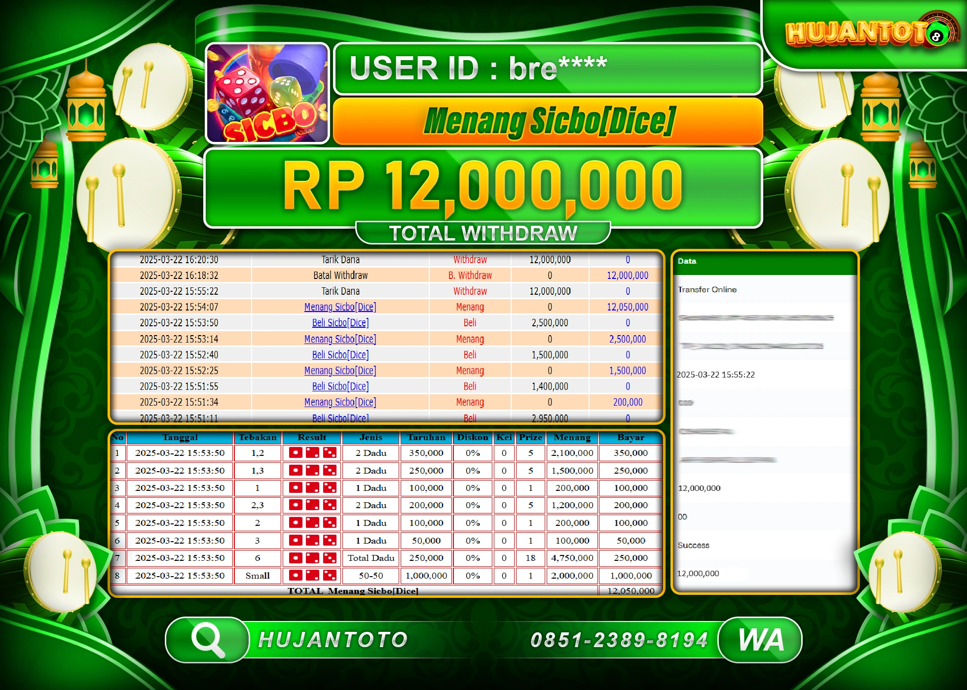 HUJANTOTO - BUKTI JACKPOT MENANG PERMAINAN SICBO DICE GAME  Rp,12,000,000 - TERBAYAR LUNAS