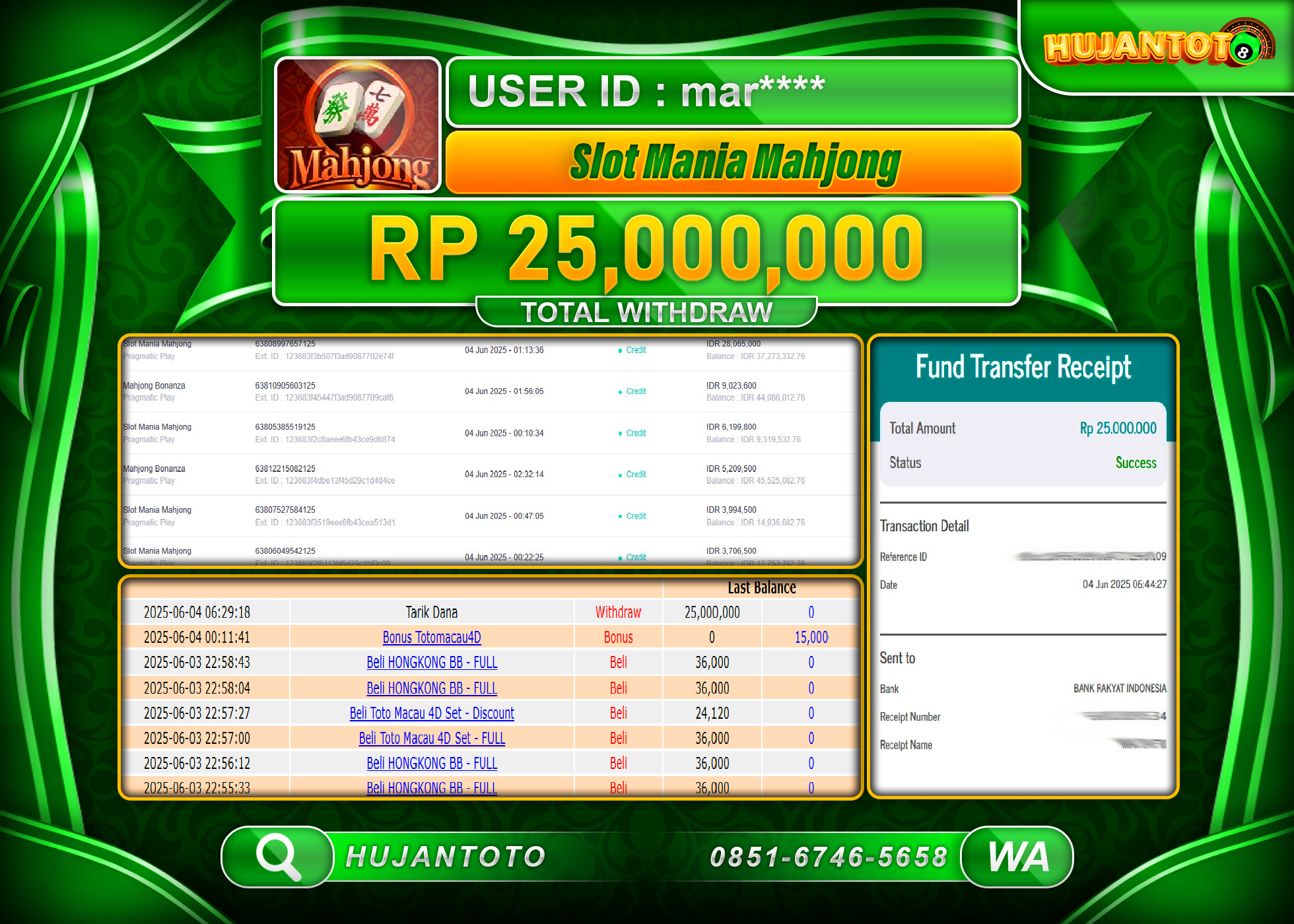 HUJANTOTO - BUKTI JACKPOT MENANG SLOT MANIA MAHJONG Rp.25,000,000 - TERBAYAR LUNAS