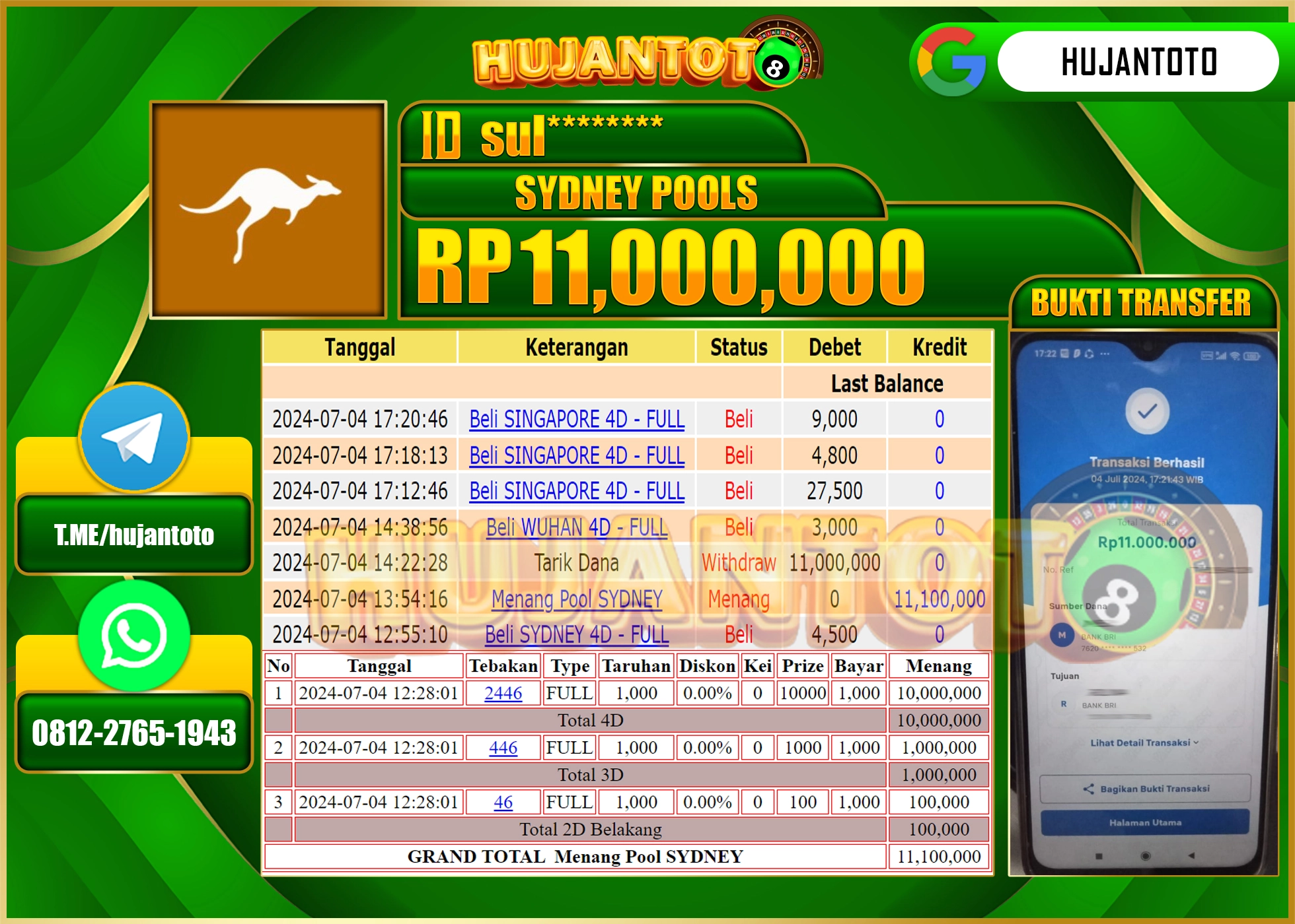HUJANTOTO MENANG TOGEL SYDNEY POOLS , 11.000.000   -   TERBAYAR LUNAS