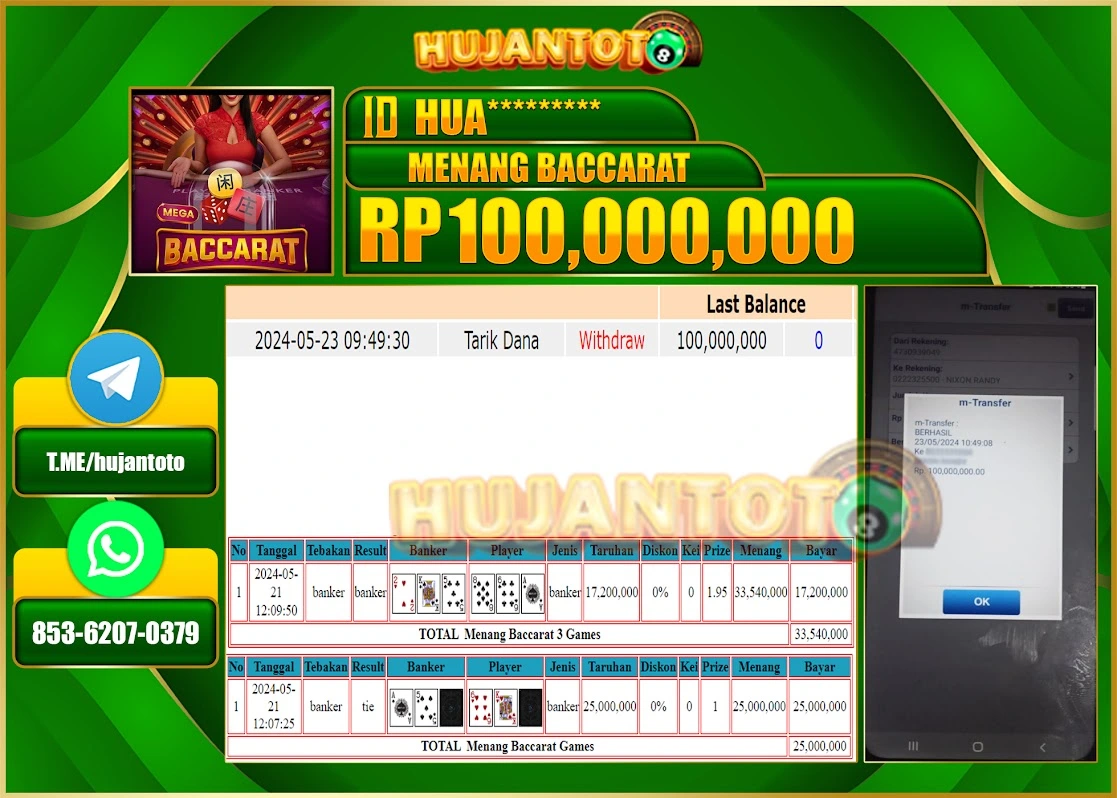 HUJANTOTO MENANG BACCARAT GAMES, 100,000,000 - LUNAS 