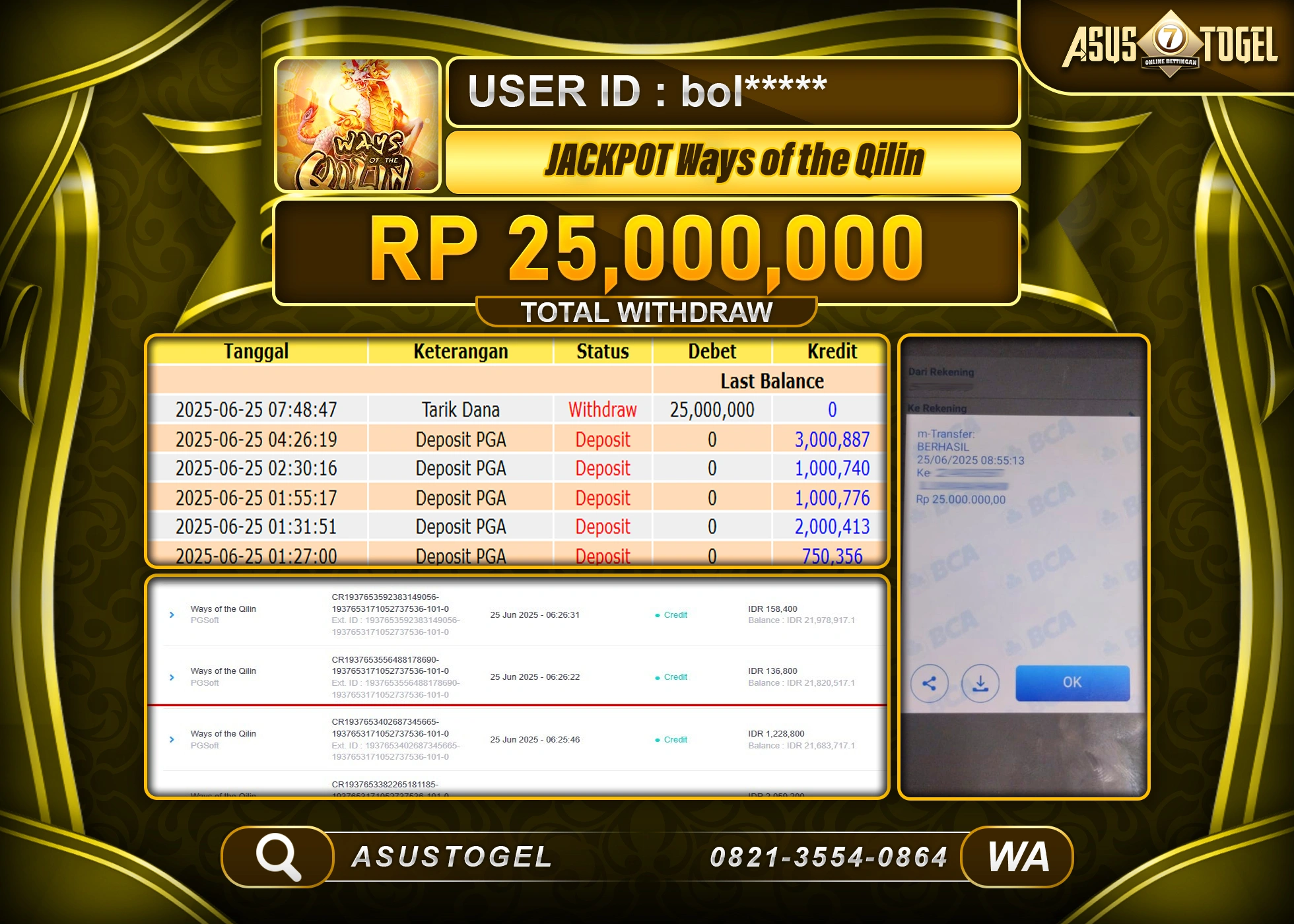 ASUSTOGEL KEMENANGAN DI SLOT WAYS OF QILIN  SEBESAR 25,000,000- RUPIAH LUNAS