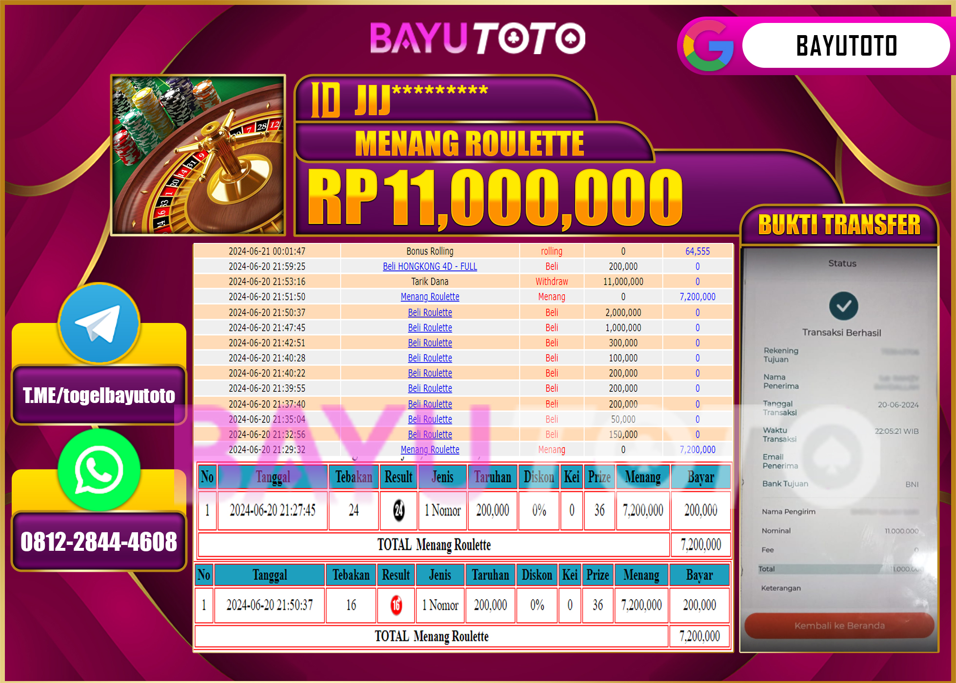 BAYUTOTO JACKPOT MENANG LIVE GAMES ROULETTE  Rp.11.000.000 LUNAS