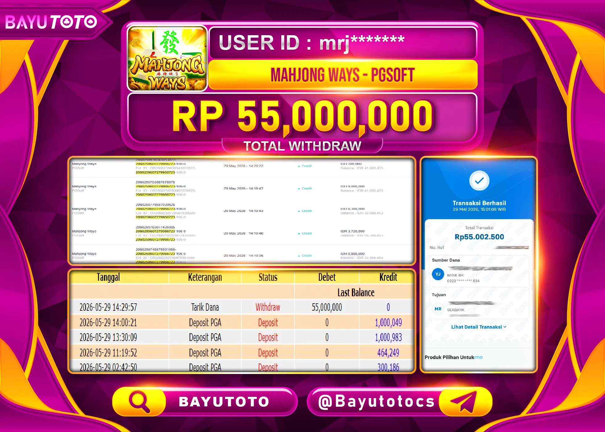 SELAMAT MEMBER SETIA BAYUTOTO JACKPOT DI SLOT MAHJONG WAYS  (PGSOFT) Rp. 55,000,000 LUNAS
