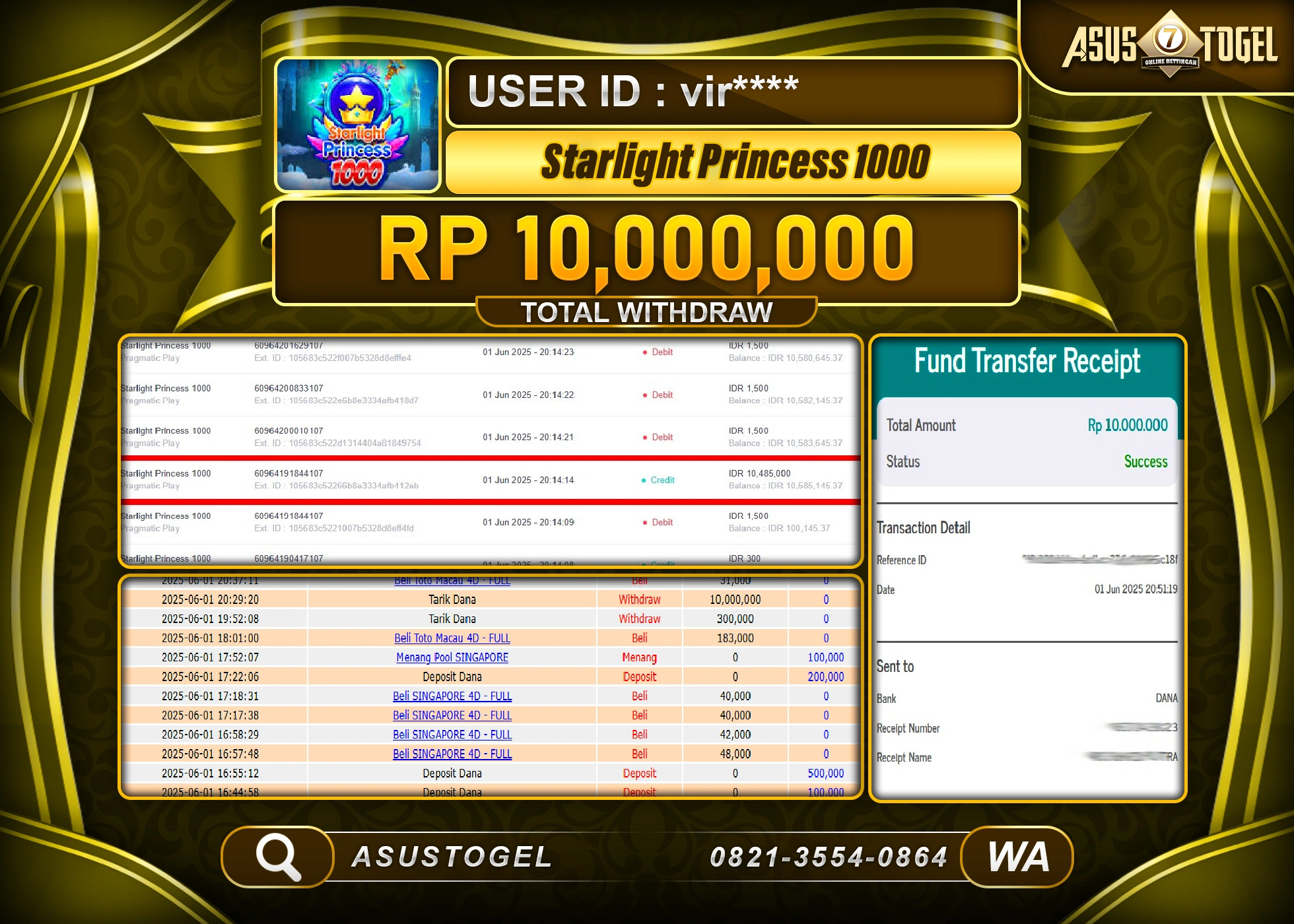 ASUSTOGEL KEMENANGAN DI SLOT STARLIGHT PRINCESS 1000 SEBESAR 10,000,000- RUPIAH LUNAS