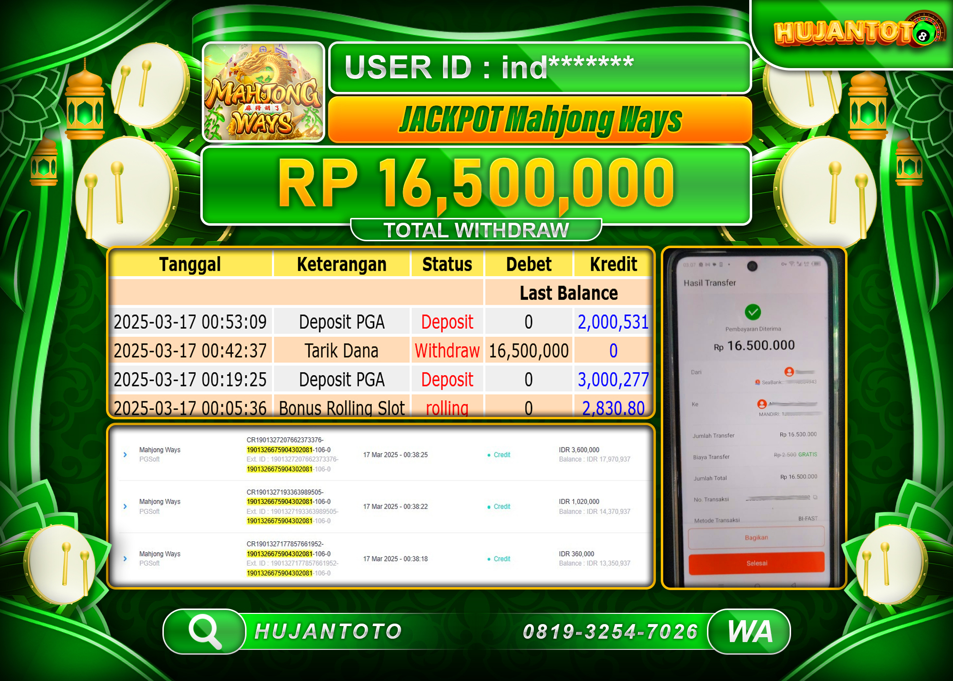 HUJANTOTO - BUKTI JACKPOT MENANG SLOT, MAH JONG WAYS, Rp,16,500,000  - TERBAYAR LUNAS 