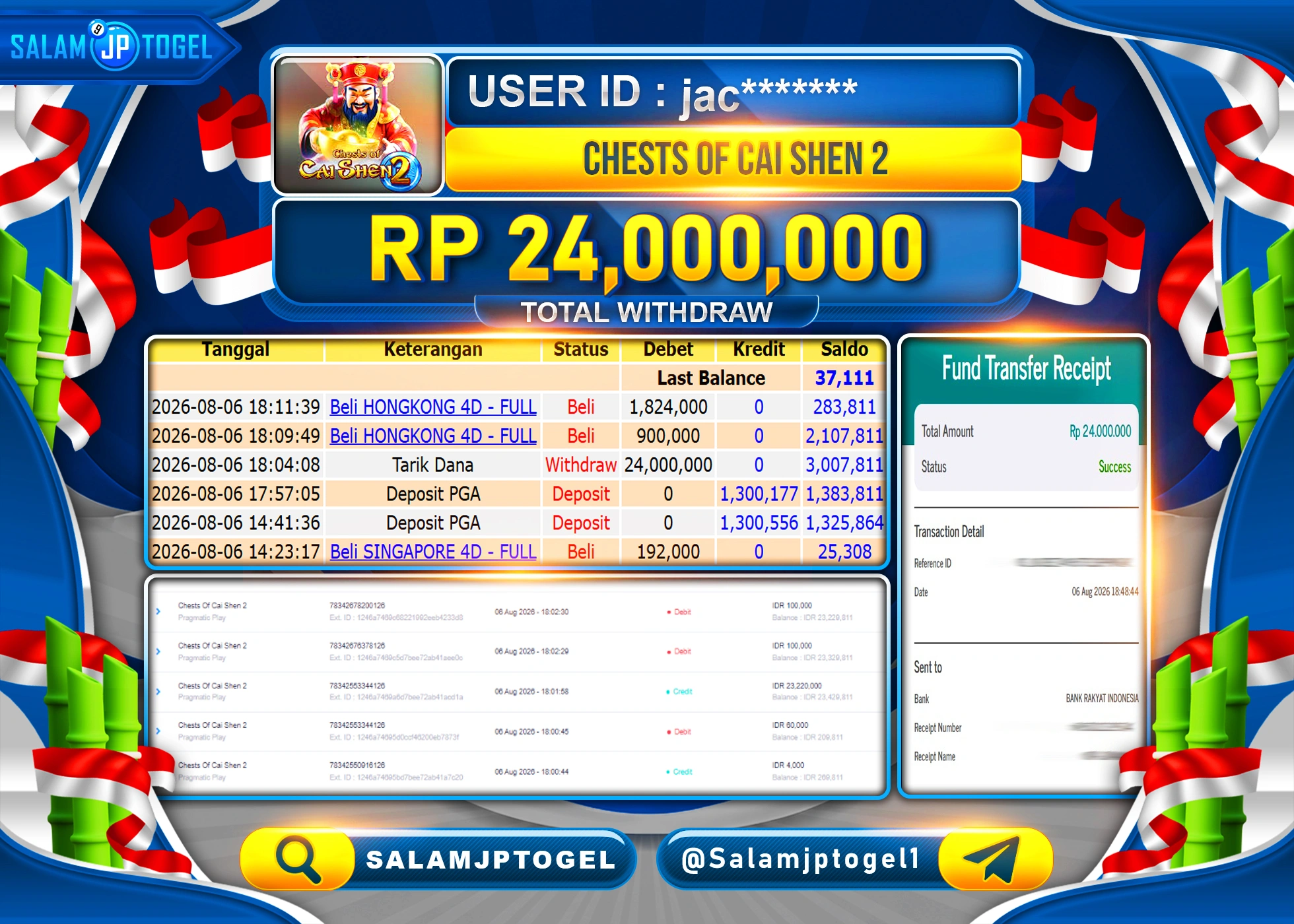 SALAMJPTOGEL JACKPOT MENANG SLOT CHESTS OF CAI SEN 2 Rp.24,000,000 - LUNAS