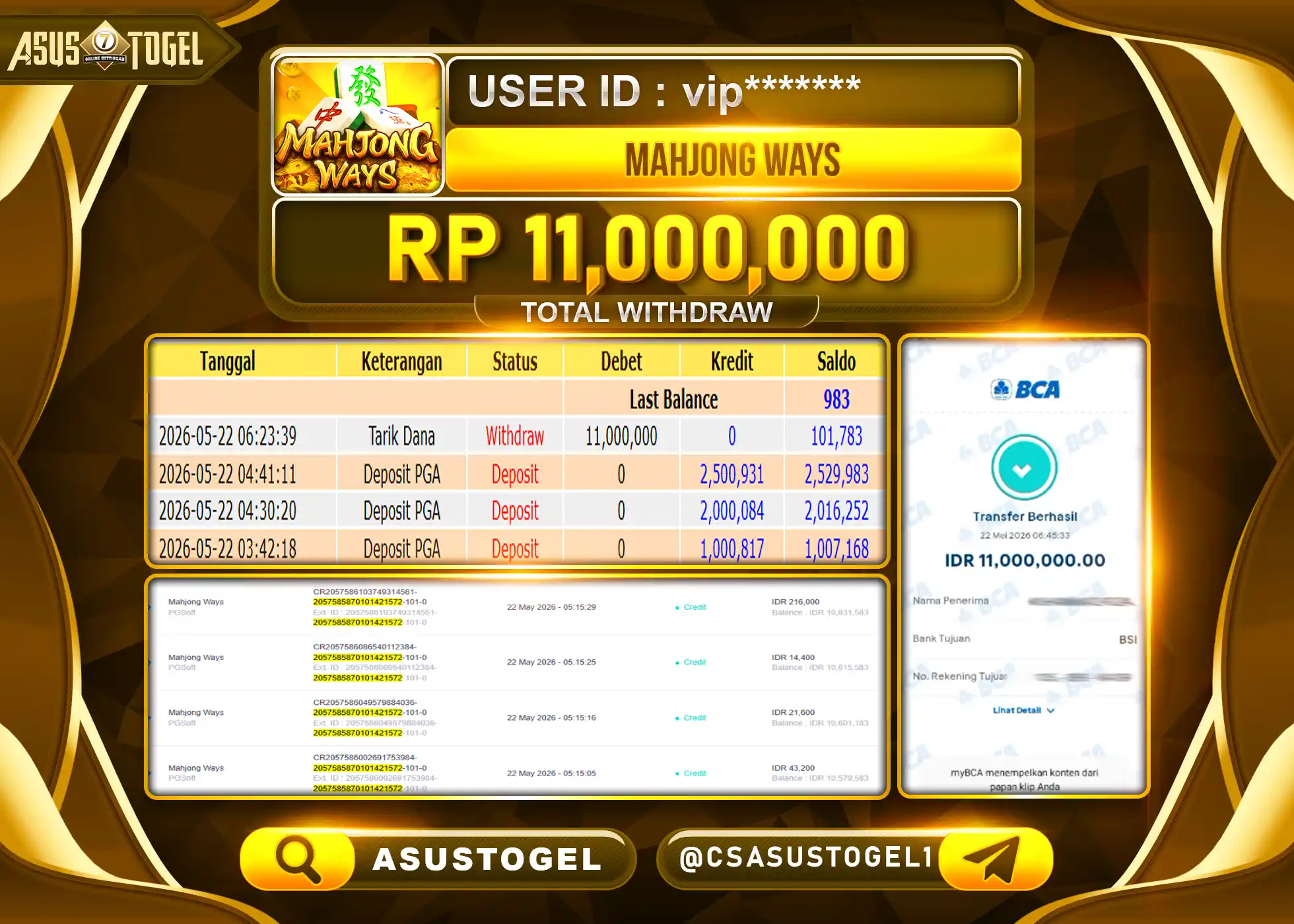 ASUSTOGEL KEMENANGAN JACKPOT DI PERMAINAN MAHJONG WAYS PGSOFT SEBESAR Rp.11,000,000 - RUPIAH LUNAS