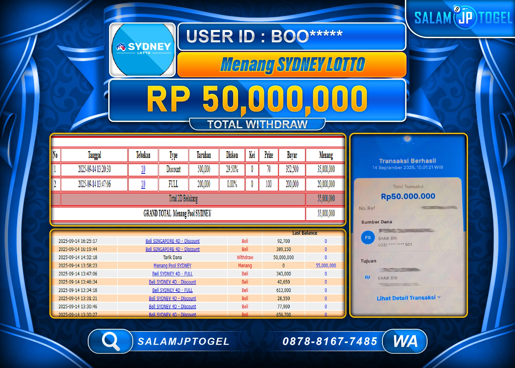 SALAMJPTOGEL MENANG TOGEL SYDNEY LOTTO  Rp.50,000,000