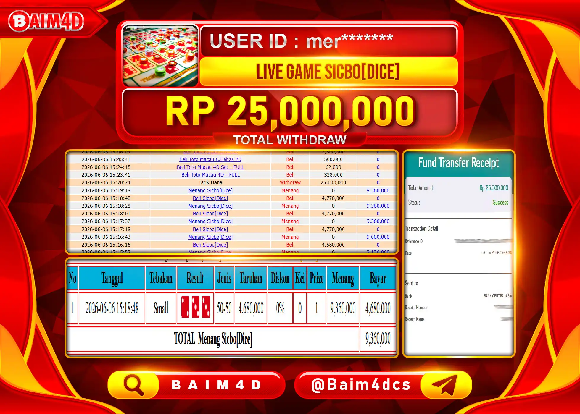 BAIM4D JACKPOT LIVE GAME SICBO {DICE} Rp.25,000,000 - LUNAS