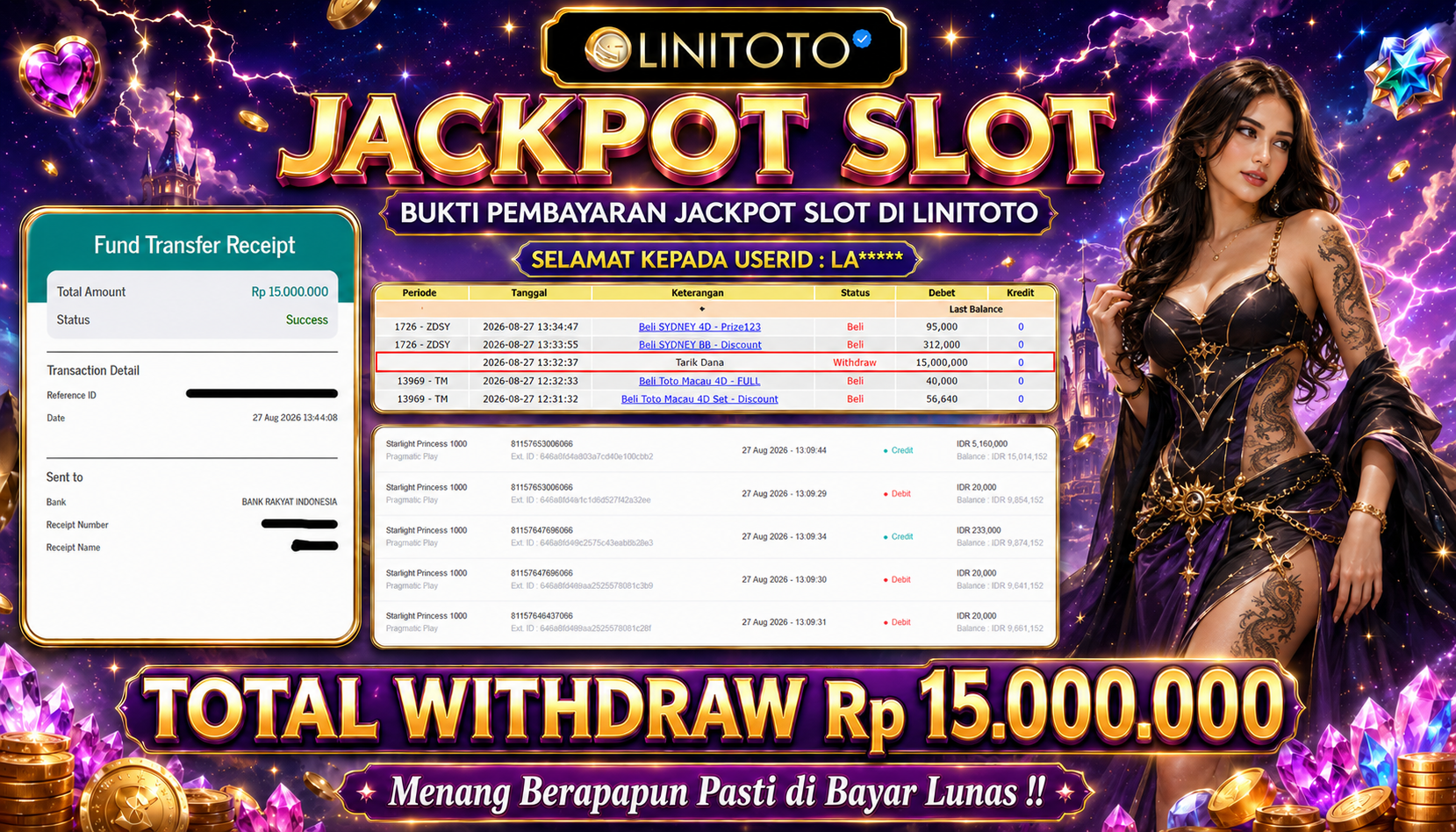 LINITOTO JACKPOT SLOT Starlight Princess 1000 Rp.15,000,000 - LUNAS