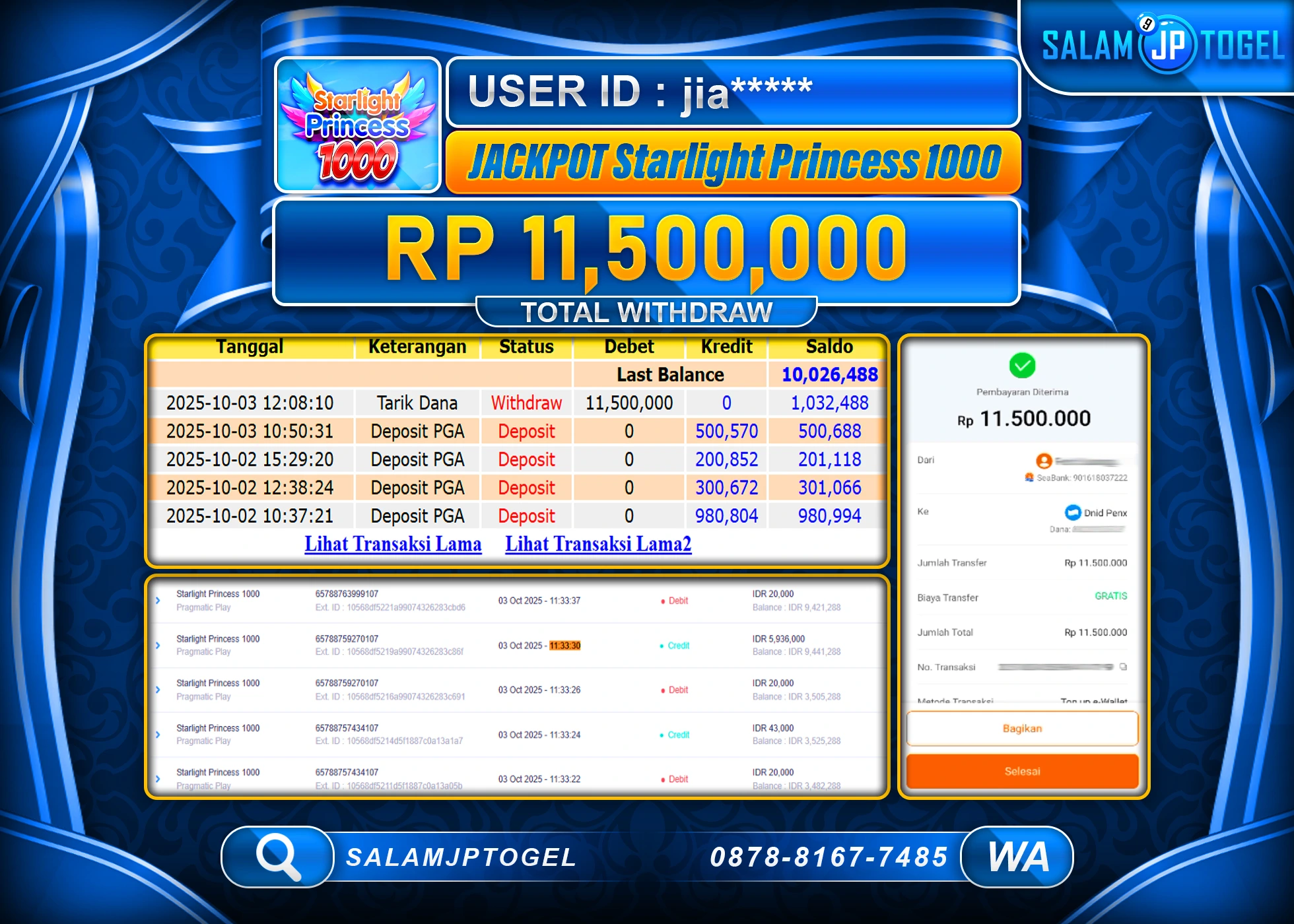 SALAMJPTOGEL MENANG STARLIGHT PRINCESS 1000 RP. 11,500,000, - LUNAS