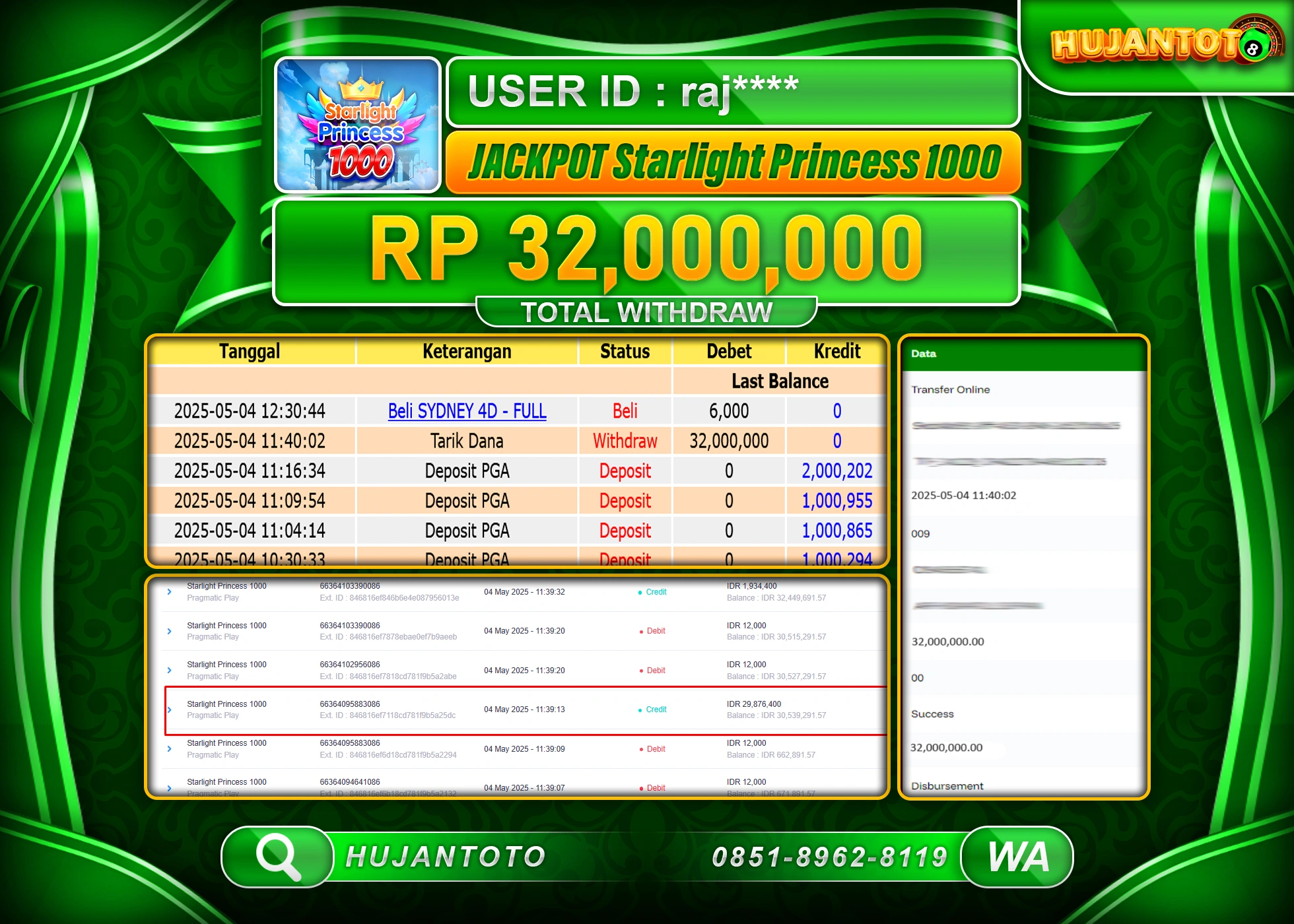 HUJANTOTO - BUKTI JACKPOT MENANG SLOT STARLIGHT PRINCESS 1000 Rp,32,000,000 - TERBAYAR LUNAS