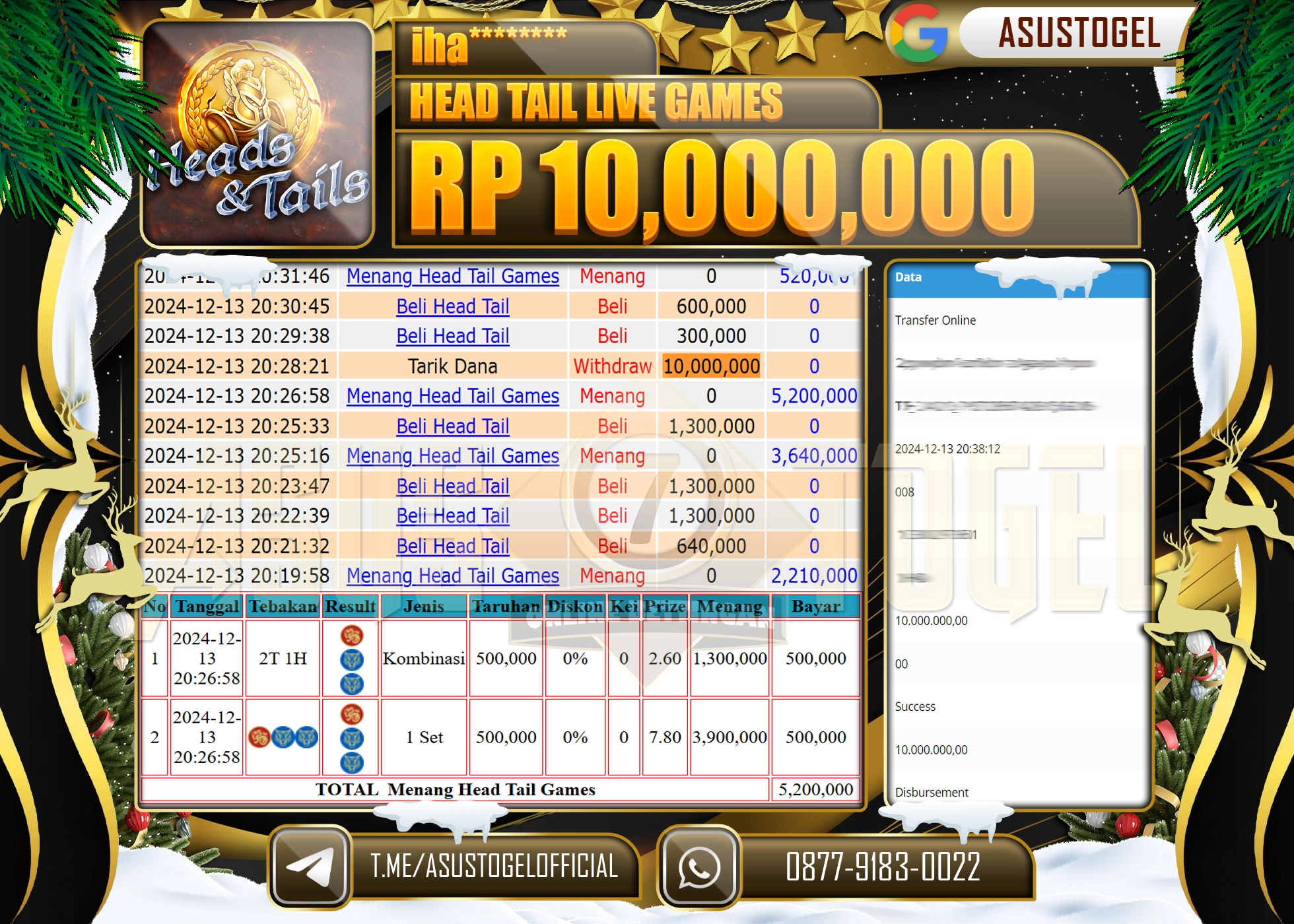 ASUSTOGEL KEMENANGAN DI SLOT HEAD TAIL LIVE GAMES SEBESAR 10,000,000 - RUPIAH LUNAS