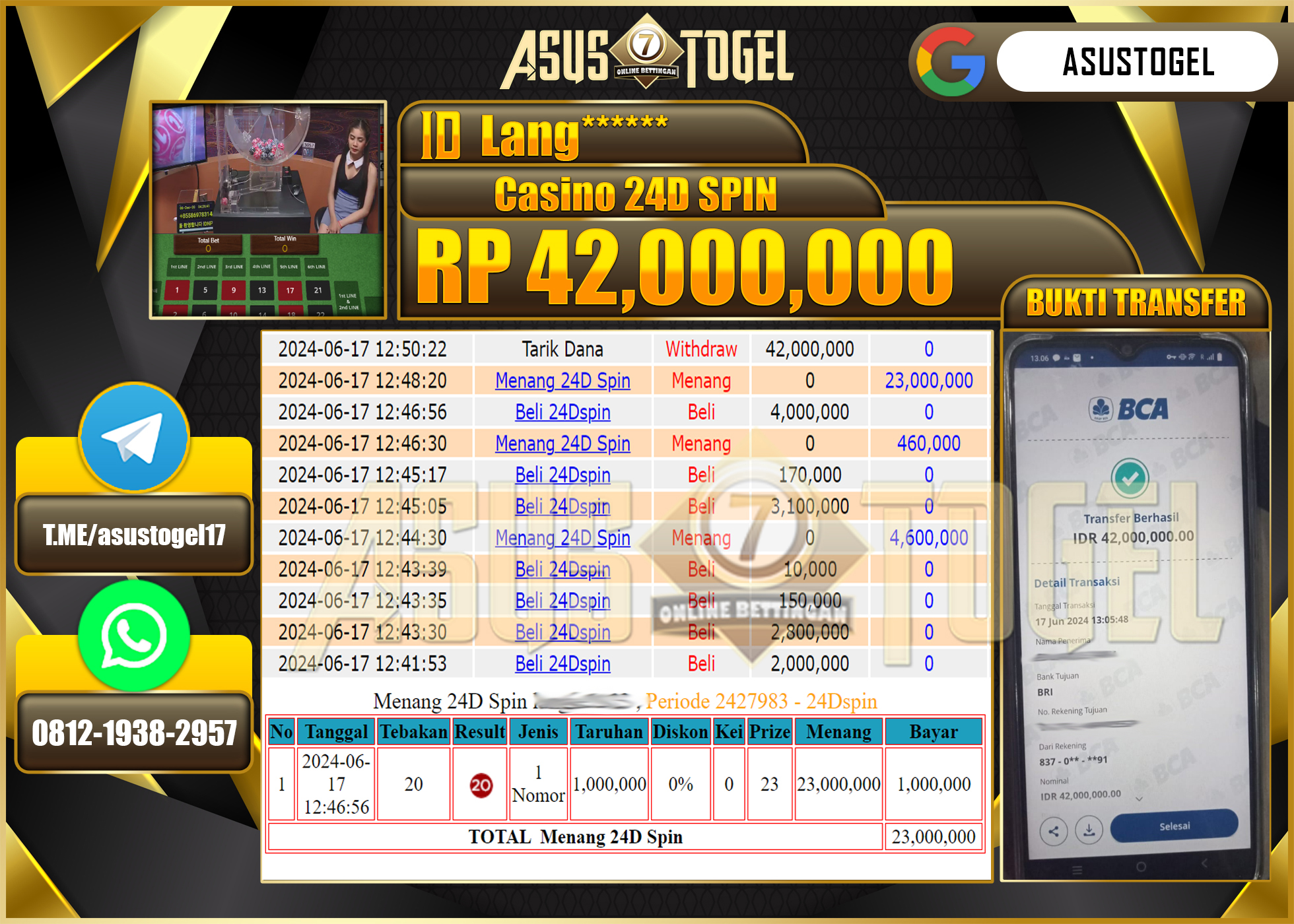 ASUSTOGEL KEMENANGAN CASINO 24D SPIN 42,000,000-LUNAS