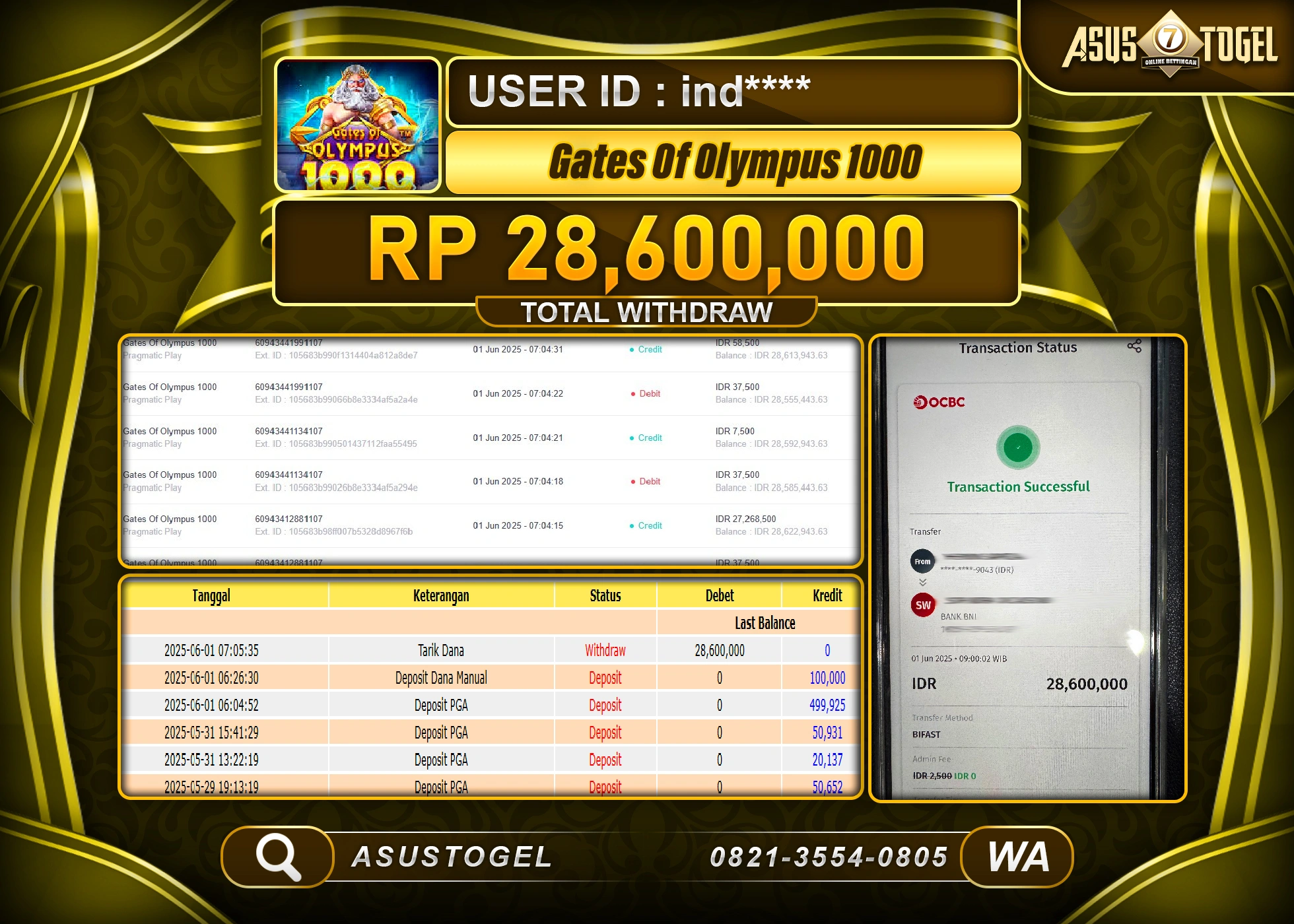  ASUSTOGEL KEMENANGAN DI SLOT GATES OF OLYMPUS 1000 SEBESAR 28,600,000- RUPIAH LUNAS
