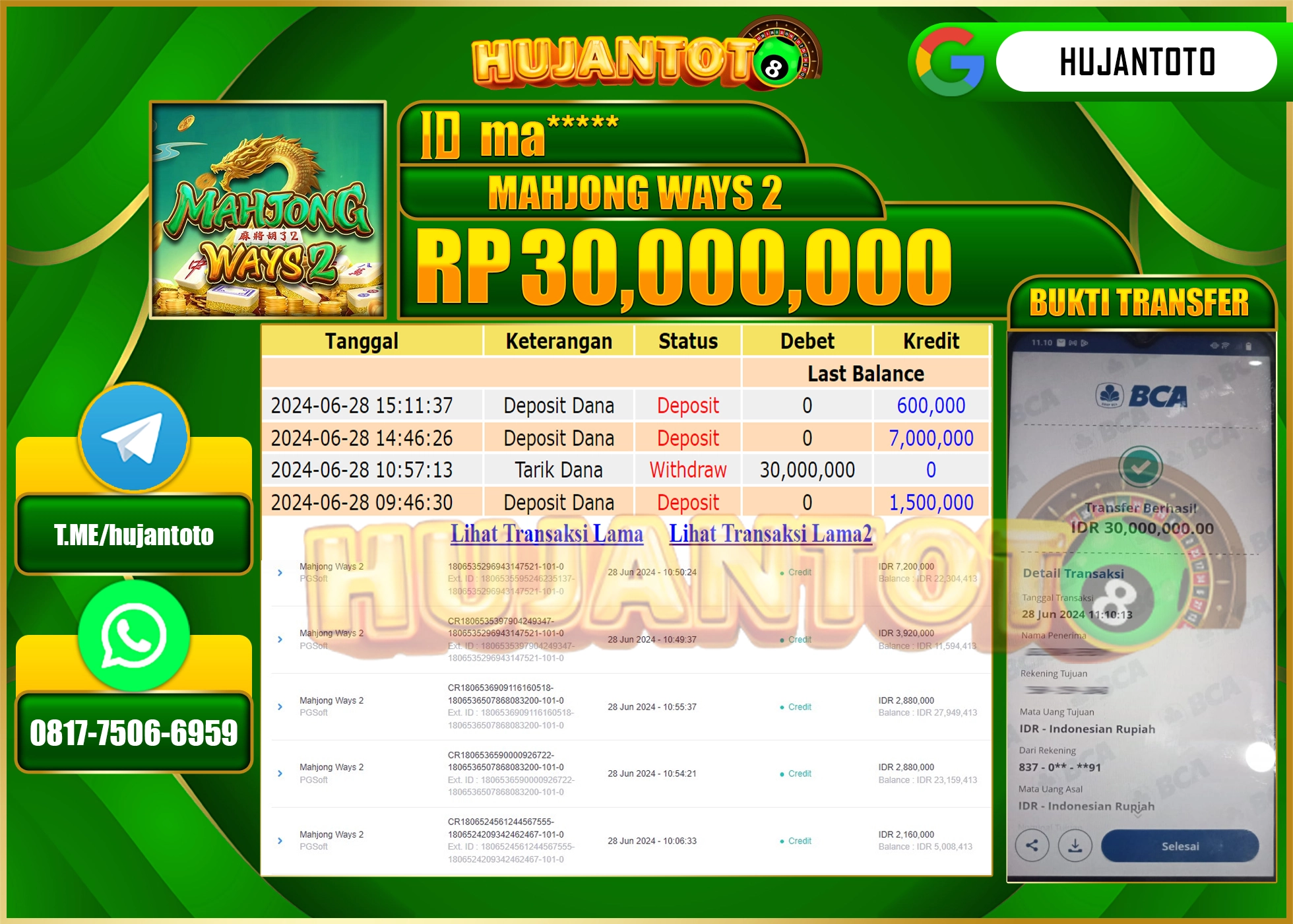 HUJANTOTO MENANG SLOT MAHJONG WAYS 2 30,000,000 - LUNAS 