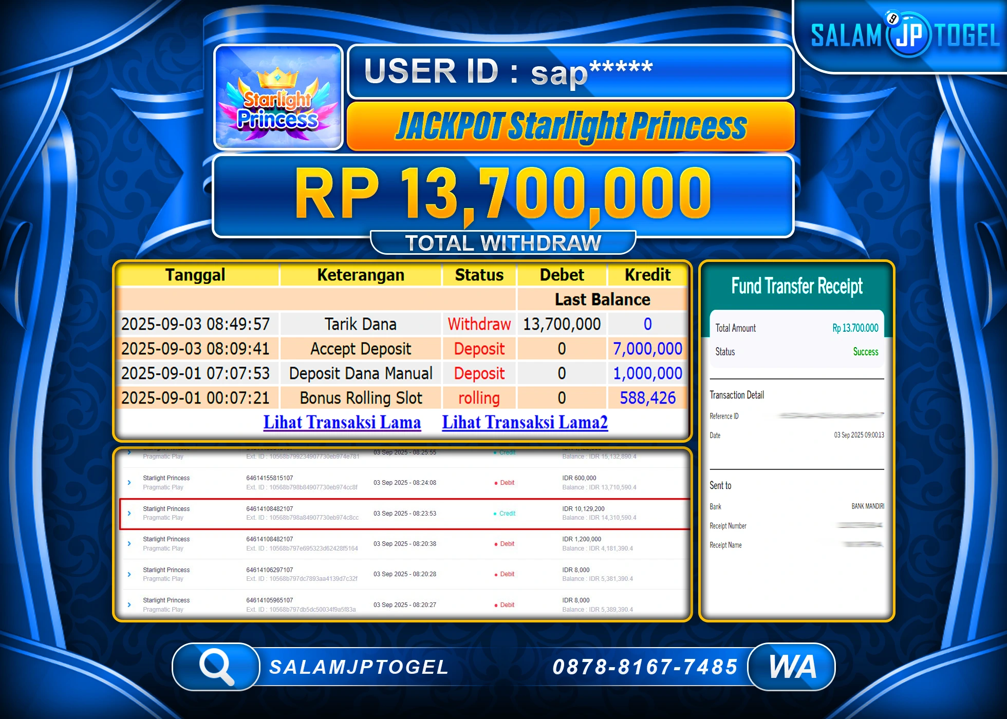 SALAMJPTOGEL MENANG Starlight Princess 1000 Rp.13,700,000