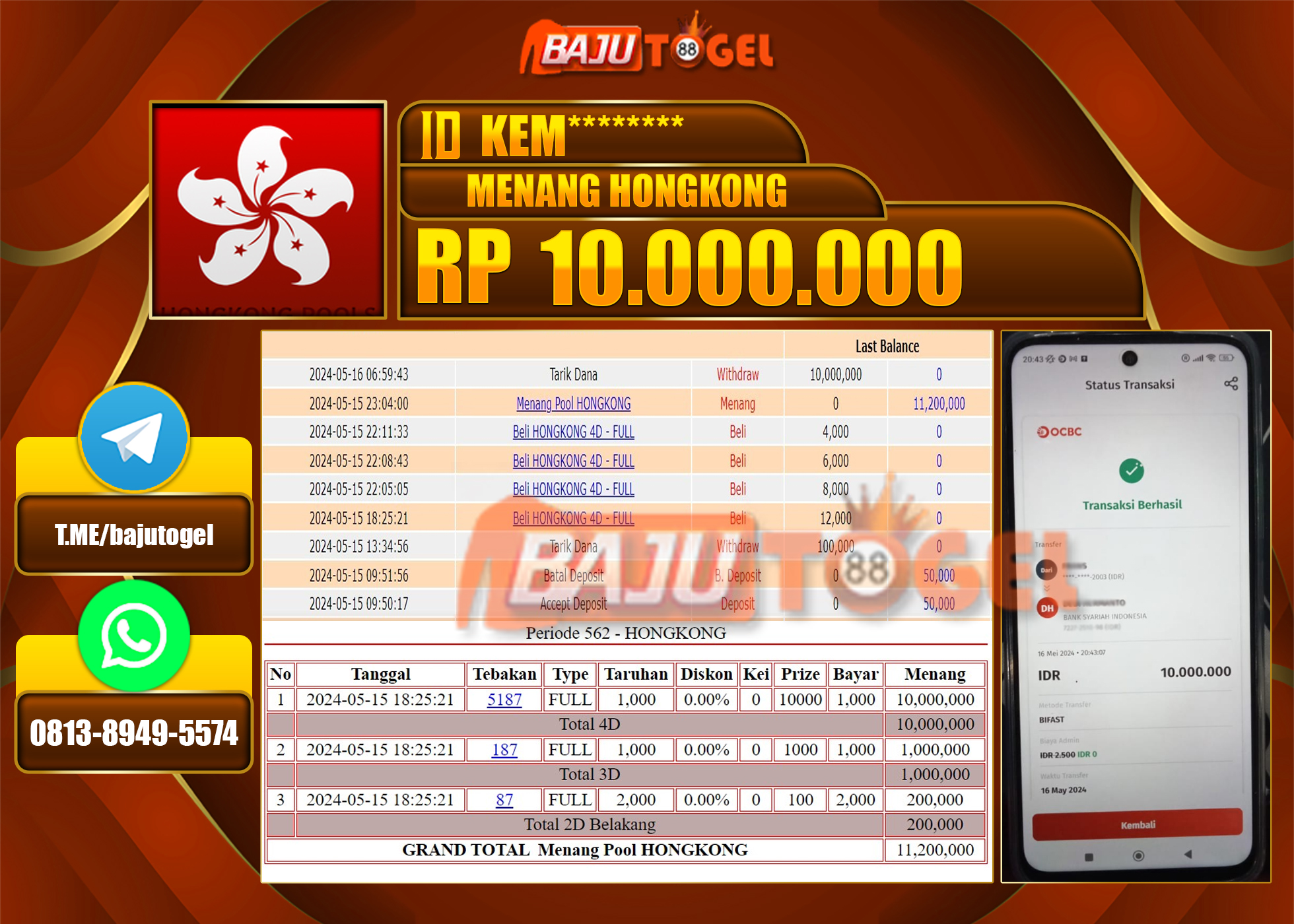 BAJUTOGEL KEMENANGAN PASARAN HONGKONG Rp.10.000.000 LUNAS
