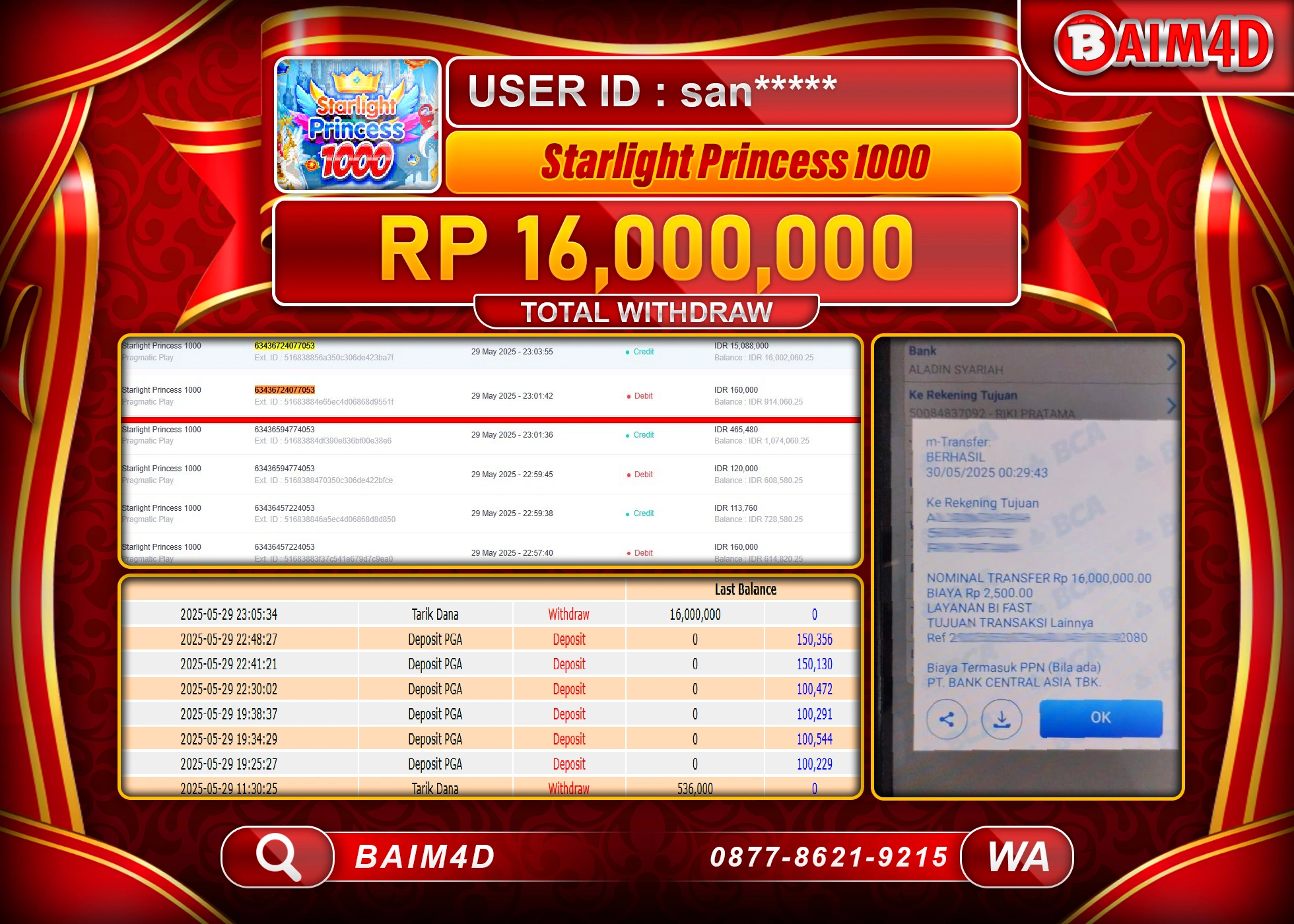 BAIM4D MENANG JACKPOT STARLIGHT PRINCCES 1000 Rp.16.000,000.- LUNAS