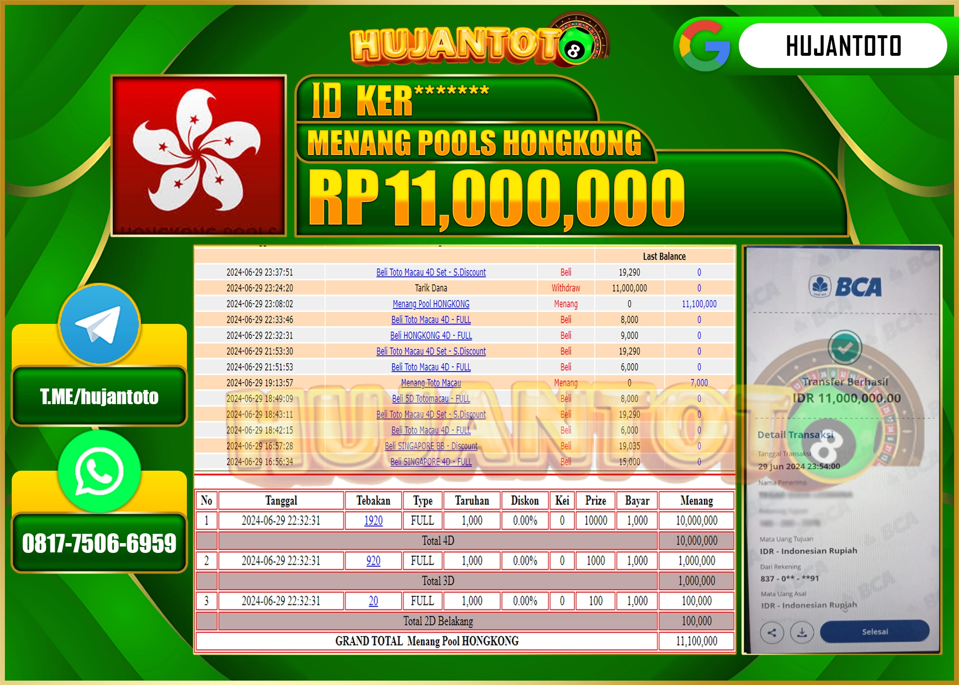 HUJANTOTO MENANG TOGEL HONGKONG POOLS 11,000,000 - LUNAS 