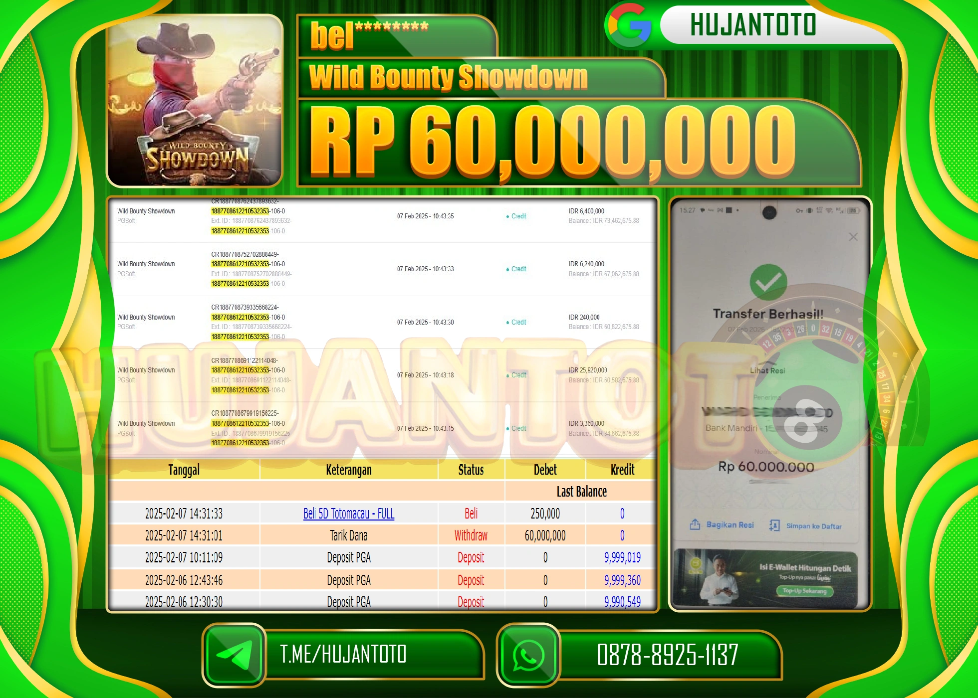 HUJANTOTO - BUKTI JACKPOT MENANG SLOT WILD BOUNTY SHOWDOWN Rp,60,000,000 - TERBAYAR LUNAS