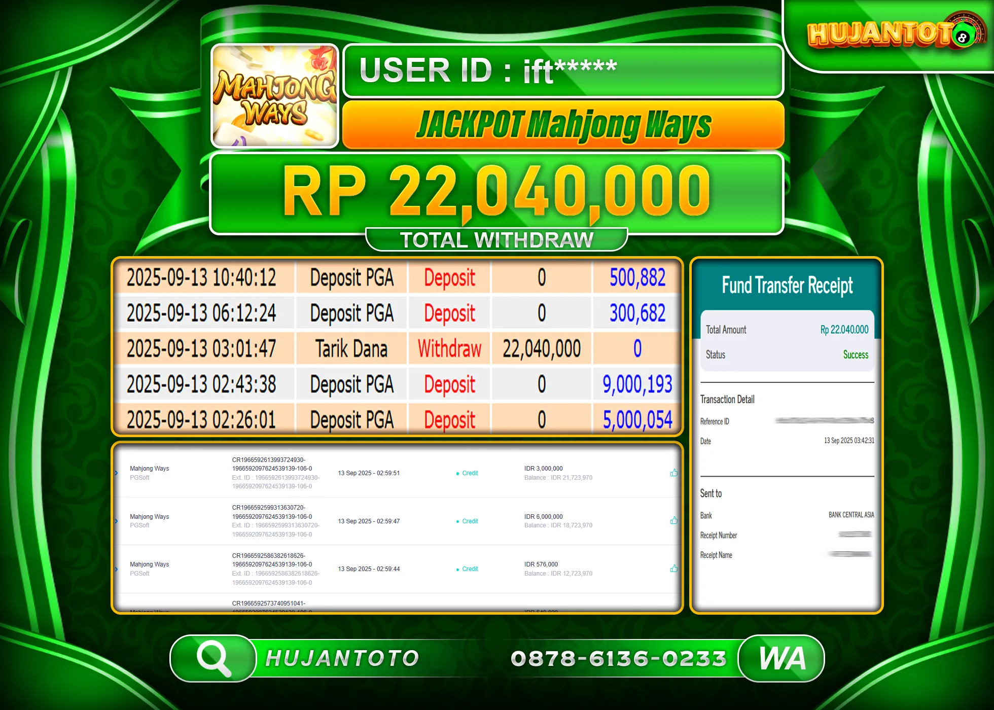 HUJANTOTO - BUKTI JACKPOT MENANG SLOT MAHJONG WAYS Rp.22,040,000 - TERBAYAR LUNAS