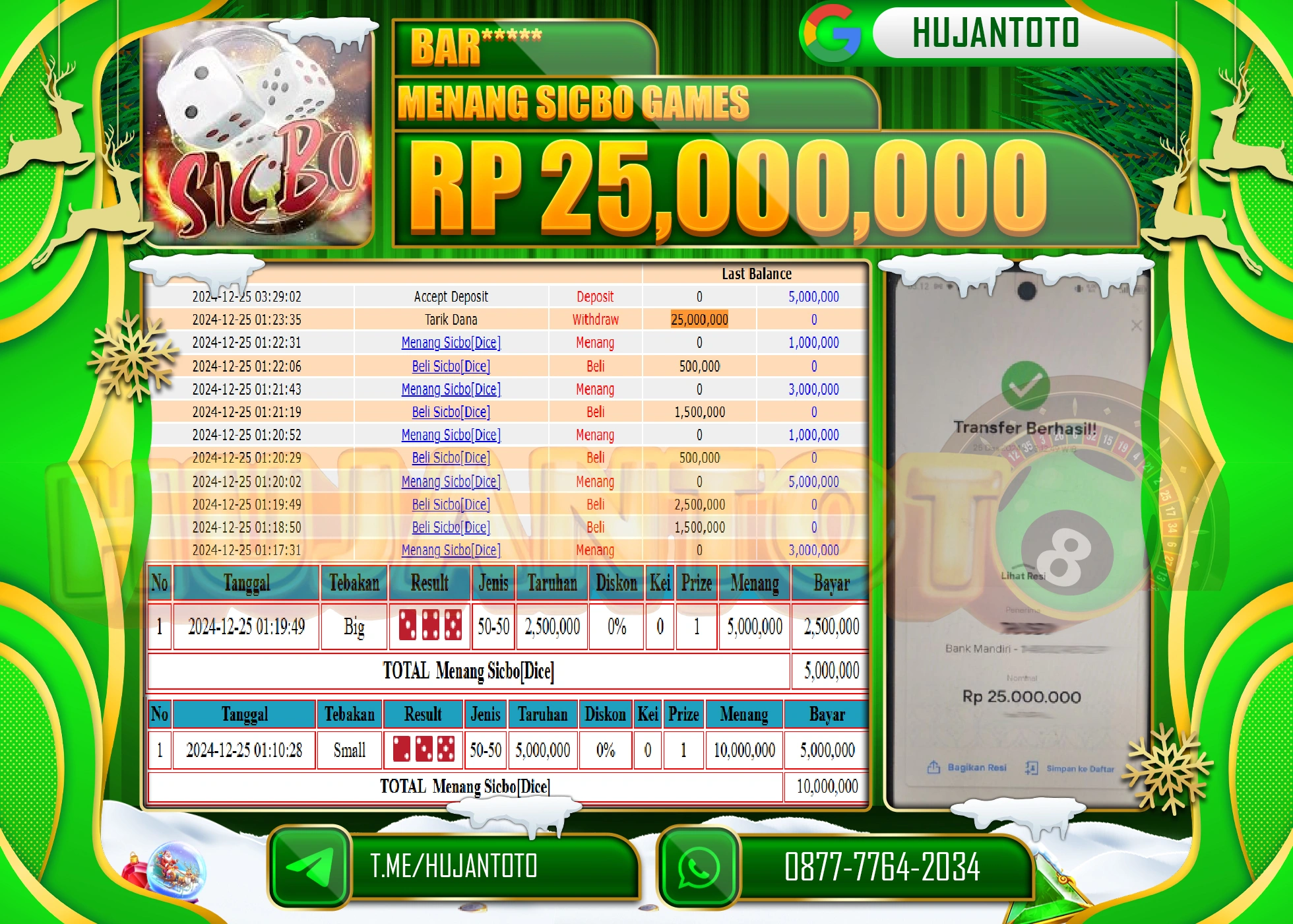 HUJANTOTO SELAMAT ATAS KEMENANGAN YANG DI RAIH DI PERMAINAN LIVE GAME SICBO GAMES  SEBESAR - 25,000,000 - TERBAYAR LUNAS