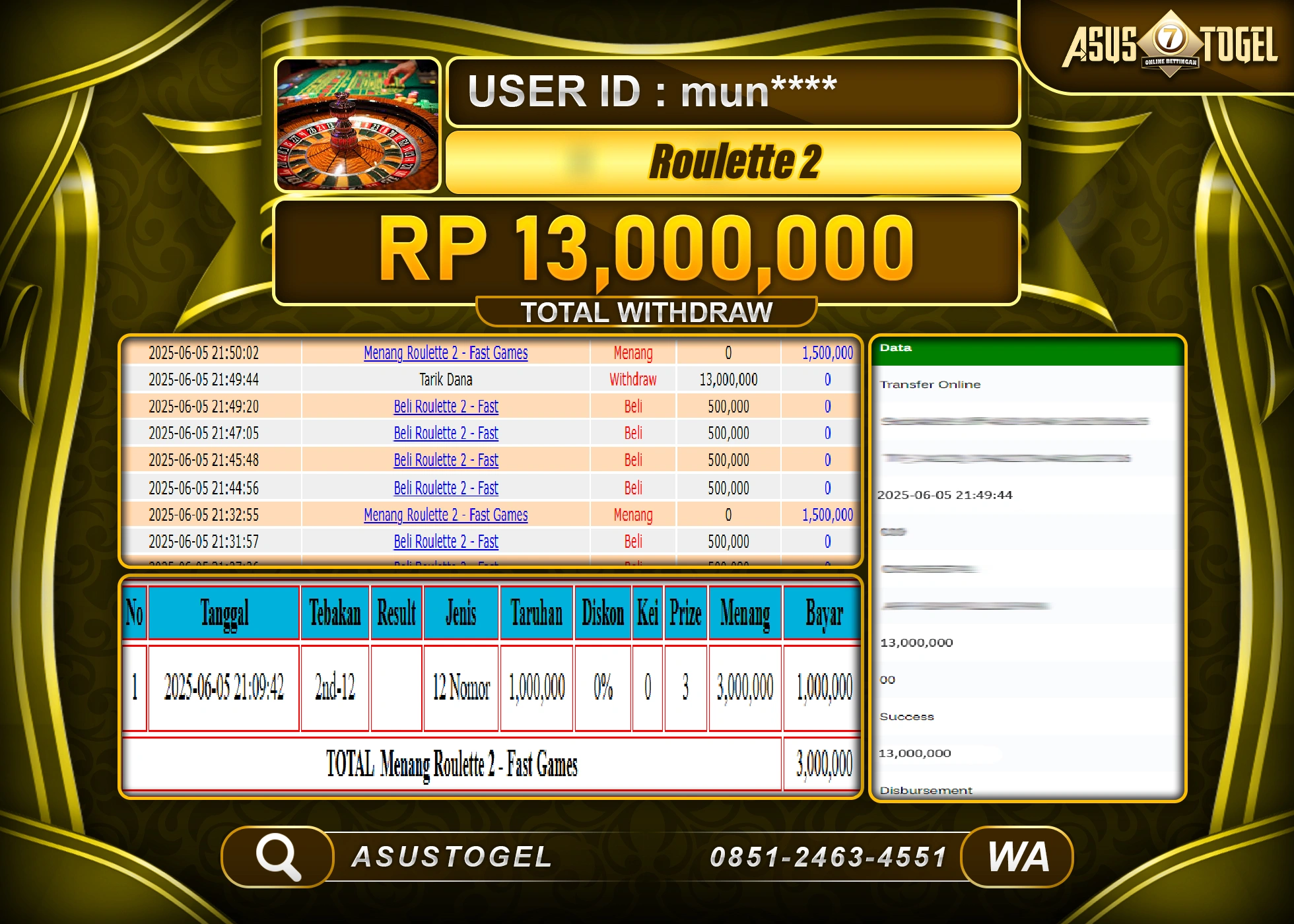 ASUSTOGEL KEMENANGAN DI LIVE ROULETTE GAMES SEBESAR 13,000,000- RUPIAH LUNAS